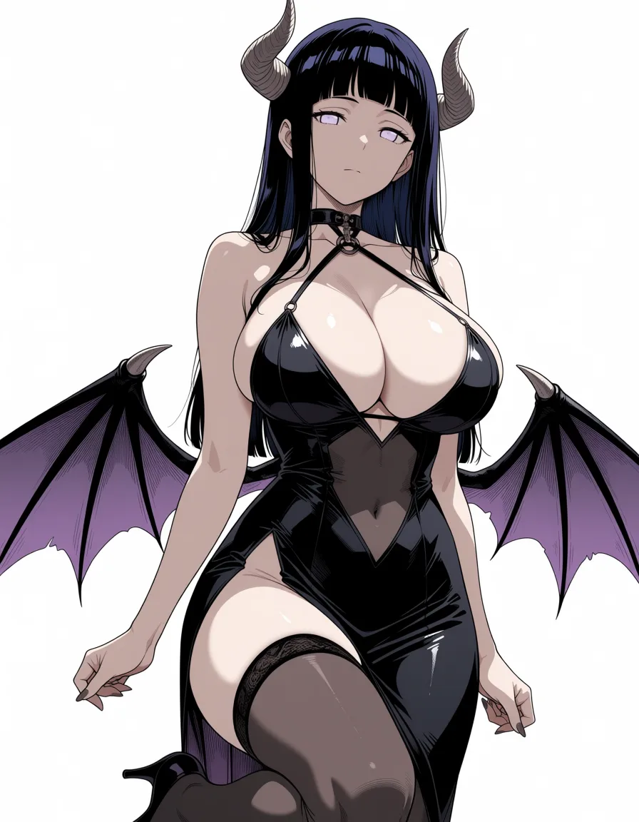 masterpiece, best quality, score_7, newest, anime screenshot, official art, 1girl, masterpiece, finely detailed, demon girl, wings, leg up, mysterious vibe, soft anime shading, hyuuga hinata, (flat color:1.3), hard cel shading, thin crisp lineart, high key daylight, vivid primary palette, bright clean background