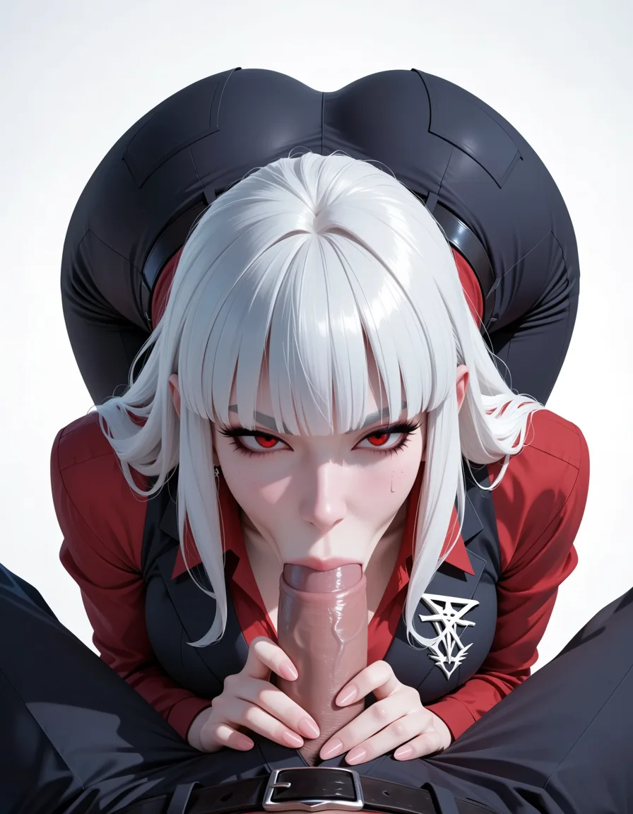 masterpiece, best quality, score_7, newest, anime screenshot, official art, Lucifer helltaker, fellatio , :>=, ass up, big ass, trousers, pov, (flat color:1.3), hard cel shading, thin crisp lineart, high key daylight, vivid primary palette, bright clean background