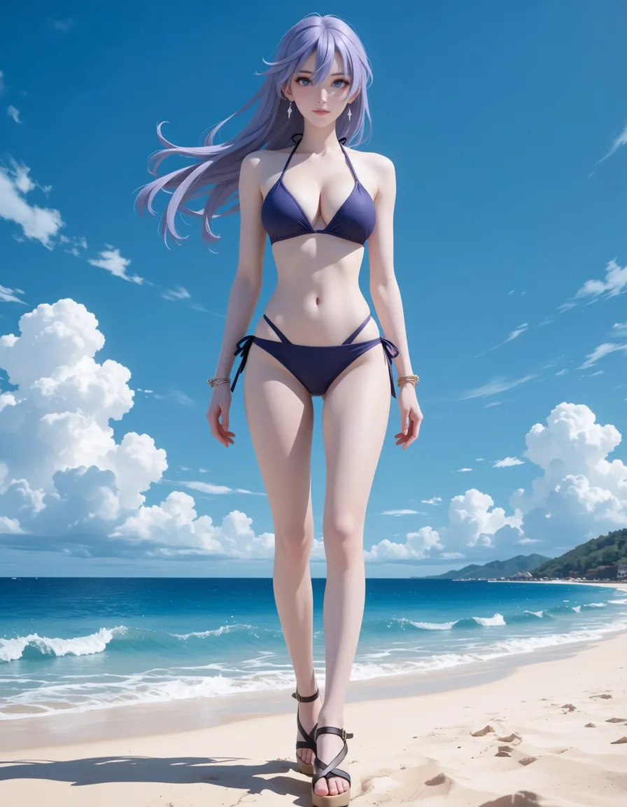 masterpiece, best quality, score_7, newest, anime screenshot, official art, Kikyo kushida wearing a tight fitting bikini and wedge strap sandals, (flat color:1.3), hard cel shading, thin crisp lineart, high key daylight, vivid primary palette, bright clean background