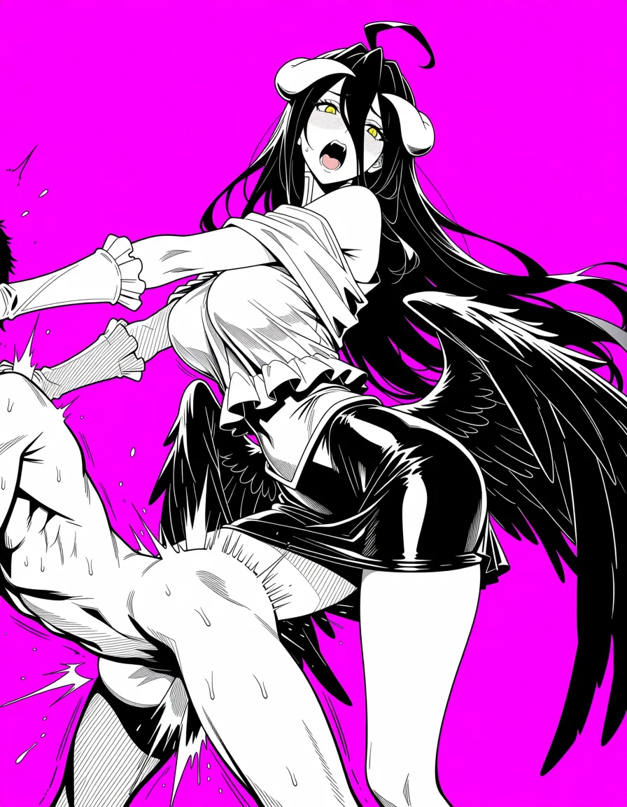 masterpiece, best quality, score_7, newest, anime screenshot, official art, 1girl, masterpiece, best quality,  Albedo from Overlord, wearing white latex dress and black skirt, aggressively kneeing a naked man in the groin, the man is completely nude, body arched, mouth open in pain, sweat, impact effects, pink background, detailed, anime style, hentai, extreme femdom ballbustingalbedo (overlord), albedo (overlord), (flat color:1.3), hard cel shading, thin crisp lineart, high key daylight, vivid primary palette, bright clean background