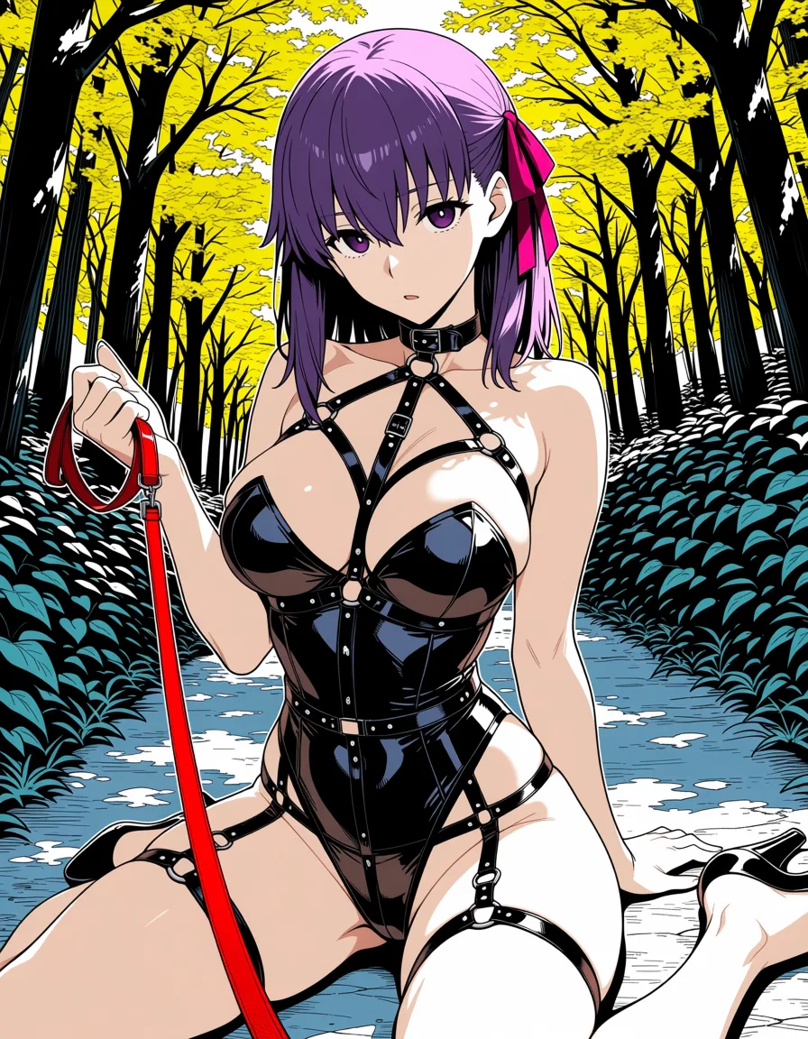 masterpiece, best quality, score_7, newest, anime screenshot, official art, 1girl, masterpiece, best quality, Sakura Matou from Fate,tight black strappy harness bodysuit lingerie with thigh straps, sitting on the ground outdoors, she is holding a red leash in one hand, looking directly at the viewer with a dominant expression, forest path background, detailed, anime style, extreme femdom pet play, matou sakura, (flat color:1.3), hard cel shading, thin crisp lineart, high key daylight, vivid primary palette, bright clean background