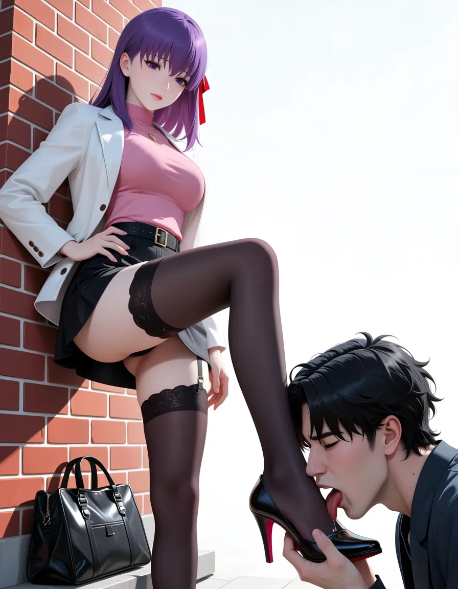 masterpiece, best quality, score_7, newest, anime screenshot, official art, 1girl, masterpiece, best quality, Sakura Matou from Fate, white open jacket, pink top, black skirt, dark thigh-high stockings, standing against a brick wall, looking down with a dominant expression, a man kneeling on the floor licking her shoe, top-down perspective, bag on the ground, detailed, anime style, hentai, extreme femdom foot worship, matou sakura, (flat color:1.3), hard cel shading, thin crisp lineart, high key daylight, vivid primary palette, bright clean background