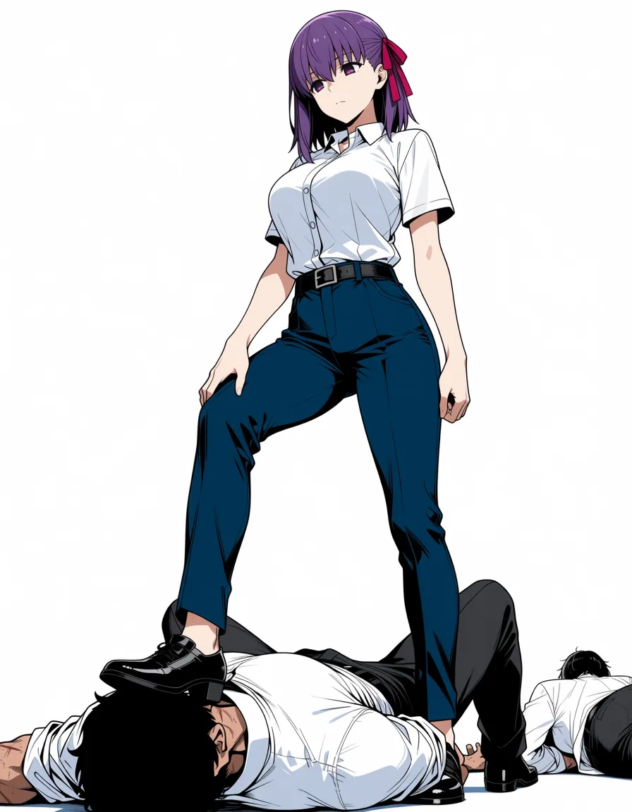 masterpiece, best quality, score_7, newest, anime screenshot, official art, 1girl, masterpiece, best quality, Sakura Matou from Fate, white shirt and dark pants, standing over a defeated man lying on the floor, looking down at him, another defeated person in the background, multi-panel comic composition, detailed, anime style, hentai, extreme femdom, matou sakura, (flat color:1.3), hard cel shading, thin crisp lineart, high key daylight, vivid primary palette, bright clean background