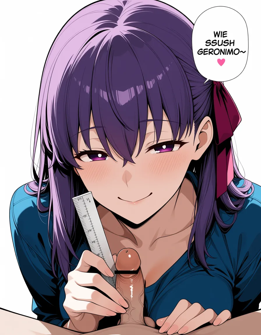 masterpiece, best quality, score_7, newest, anime screenshot, official art, 1girl, Anime style, close-up, Sakura Matou from Fate with long purple hair and, leaning forward with a teasing smile, holding a ruler against a small penis measuring approximately 11 cm, wearing a blue top, blushing cheeks, speech bubble with text "Wie Süß Geronimoね♡", soft lighting, erotic SPH atmosphere, matou sakura, (flat color:1.3), hard cel shading, thin crisp lineart, high key daylight, vivid primary palette, bright clean background