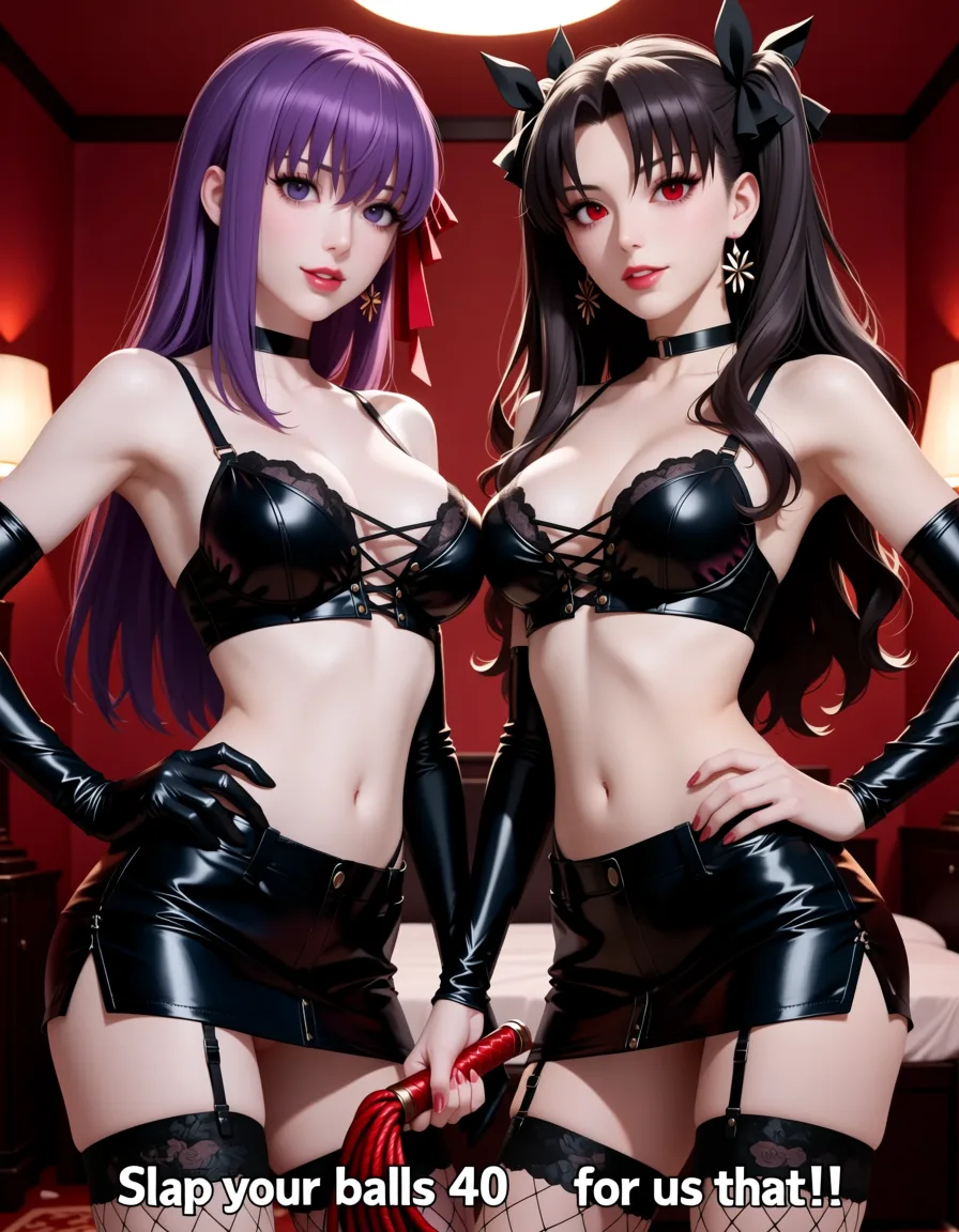 masterpiece, best quality, score_7, newest, anime screenshot, official art, 2girls, Anime style, Sakura Matou from Fate with long purple hair on the left, Rin Tohsaka from Fate with long dark hair and red eyes on the right, both wearing sexy black lingerie with lace-up tops, short skirts, fishnet stockings, long black gloves and chokers, both holding a red whip in one hand, posing side by side looking at the viewer with teasing dominant expressions, text at the bottom " Slap your balls 40 times for us that!!", warm indoor background, erotic femdom atmosphere, matou sakura tohsaka rin, (flat color:1.3), hard cel shading, thin crisp lineart, high key daylight, vivid primary palette, bright clean background