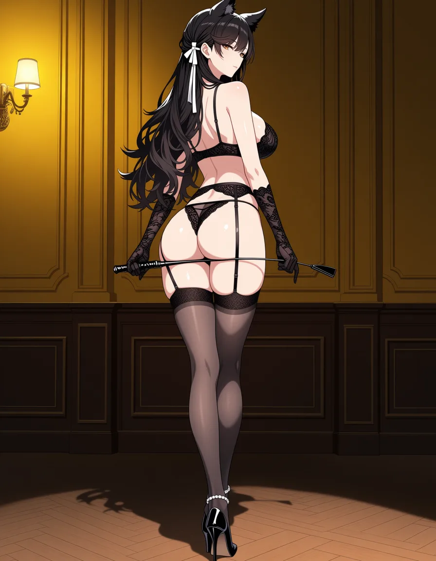 masterpiece, best quality, score_7, newest, anime screenshot, official art, 1girl, Anime style. Atagofrom Azur lane standing with her back to the viewer, looking slightly over her shoulder with a calm confident expression. She has long black wavy hair cascading down her back. She wears elegant black lace lingerie: a delicate black lace bra, matching black lace garter belt with straps, black lace panties, sheer black thigh-high stockings, and long black lace opera gloves. She holds a black leather riding crop behind her back with both hands. Black high heels with pearl ankle straps. Dimly lit elegant room with dark wood paneling, warm yellow walls and soft dramatic lighting. Highly detailed anime art, glossy skin, sensual atmosphere, full body view from behind., atago (azur lane), (flat color:1.3), hard cel shading, thin crisp lineart, high key daylight, vivid primary palette, bright clean background