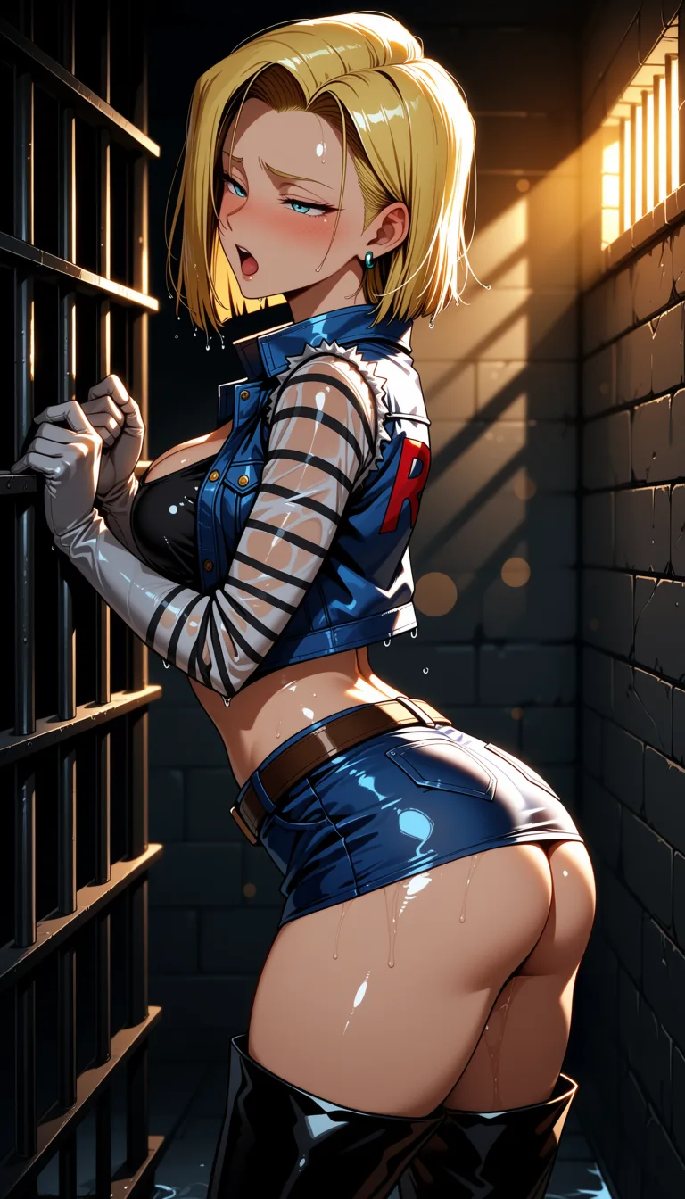 masterpiece, best quality, score_7, newest, highres, absurdres, anime coloring, midday sunlight, team rocket costume, android 18, thigh high boots, denim microskirt, denim vest, smaller breasts, moaning, eyes open, jail cell, wet_clothes 1, glossy shiny skin, wet highlights, (dim warm lighting:1.2), dramatic rim light, deep shadows, dark bokeh background, sensual mood