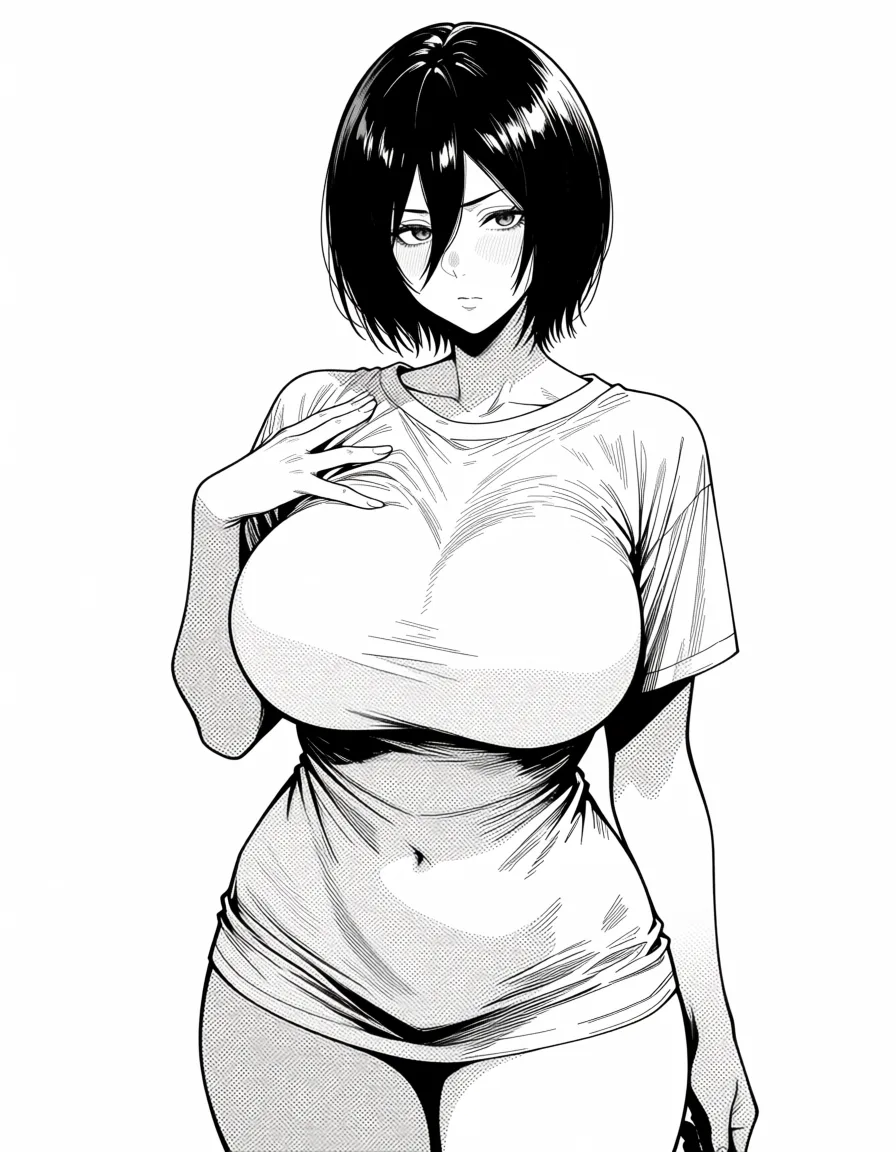 masterpiece, best quality, score_7, newest, manga, monochrome, greyscale, gangbang , mikasa ackerman , naked_shirt ,large_breasts, (monochrome:1.7), (greyscale:1.7), screentone, halftone dots, ink hatching, bold black spotting, white background