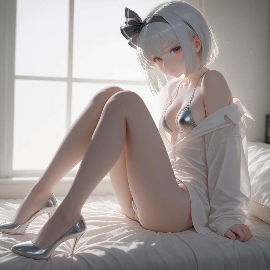 masterpiece, best quality, score_7, newest, photorealistic, realistic, 3d, 1woman, wearin a see through swimmsuit and high heelssilver hair, red eyes, oversized shirt, sitting on the end of the bed, morning light, konpaku youmu, (realistic:1.6), natural skin pores, subsurface scattering, soft neutral daylight, shallow depth of field, desaturated cinematic color grading, film grain