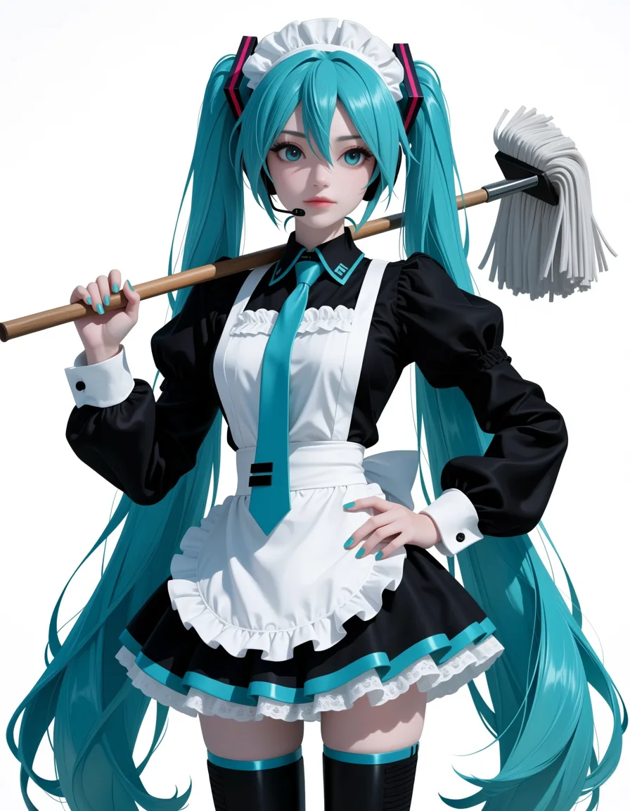 masterpiece, best quality, score_7, newest, anime screenshot, official art, 1girl, masterpiece, vivid colors, maid, boots, futanari, over the shoulder, clean lineart, hatsune miku, (flat color:1.3), hard cel shading, thin crisp lineart, high key daylight, vivid primary palette, bright clean background