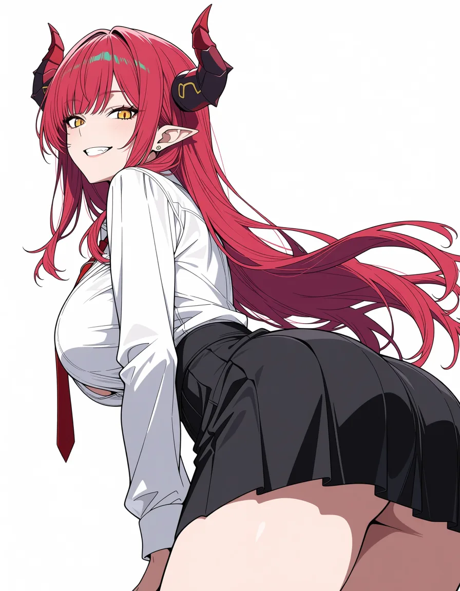 masterpiece, best quality, score_7, newest, anime screenshot, official art, best quality, clean lines, demon girl, doggy style, sideboob, black skirt, transparent background, highly detailed anime, (flat color:1.3), hard cel shading, thin crisp lineart, high key daylight, vivid primary palette, bright clean background