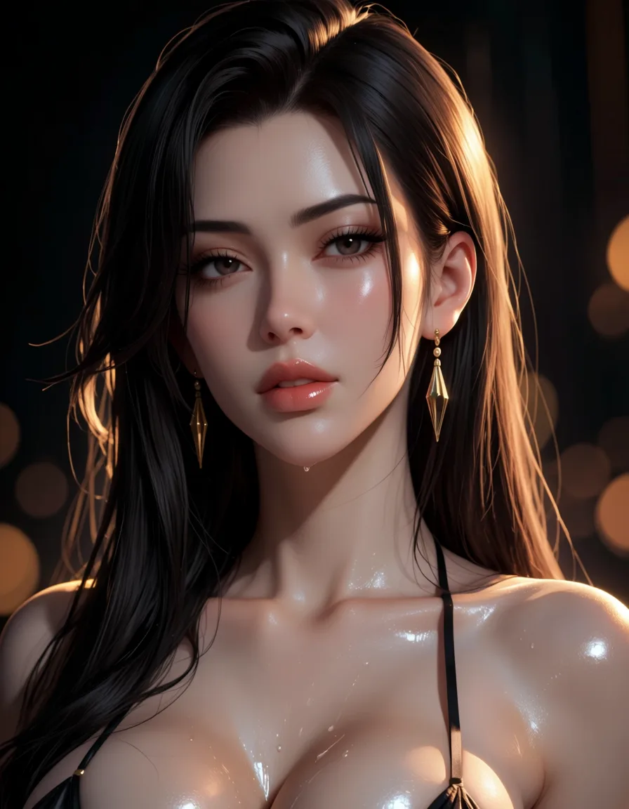 masterpiece, best quality, score_7, newest, highres, absurdres, anime coloring, Очень красивая женщина с тёмным тоном кожи. Её облик сразу привлекает внимание. У неё белые волосы, аккуратно уложенные в каре. Зелёные глаза ярко выделяются на фоне кожи, придавая лицу особую выразительность.
Она высокого роста, что придаёт ей элегантность и уверенность. Её фигура обладает пышными формами, которые подчёркивают её женственность и красоту.
На ней очки, которые добавляют интеллектуальности и утончённости её образу. В целом, её внешность создаёт впечатление гармонии и стиля., glossy shiny skin, wet highlights, (dim warm lighting:1.2), dramatic rim light, deep shadows, dark bokeh background, sensual mood