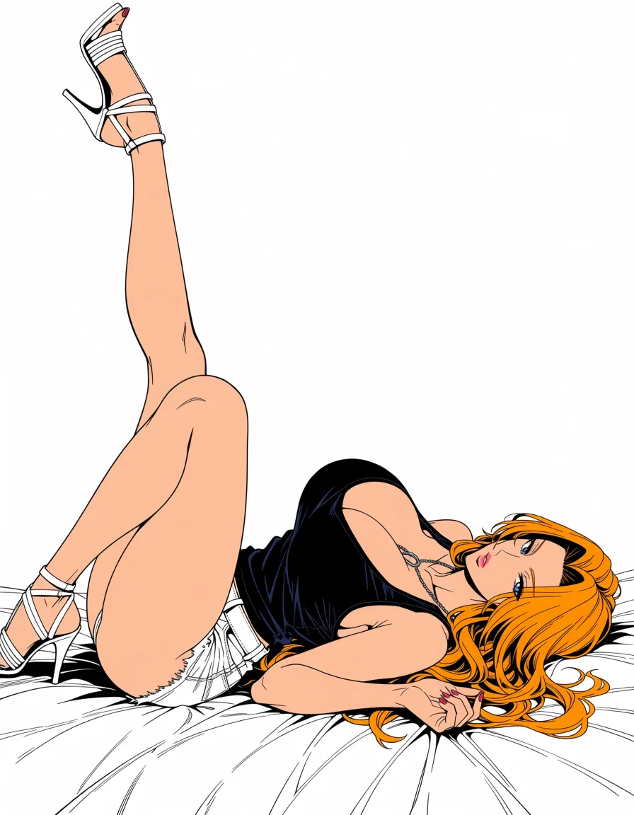 masterpiece, best quality, score_7, newest, anime screenshot, official art, 1girl, matsumoto rangiku wearing low cut black tank top and white shorts and high heel sandals laying back on a bed in a provocative pose,, (flat color:1.3), hard cel shading, thin crisp lineart, high key daylight, vivid primary palette, bright clean background