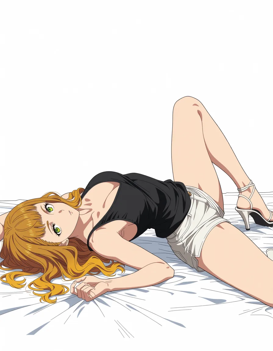 masterpiece, best quality, score_7, newest, anime screenshot, official art, 1other, mimosa vermillion wearing low cut black tank top and white shorts and high heel sandals laying back on a bed in a provocative pose,, (flat color:1.3), hard cel shading, thin crisp lineart, high key daylight, vivid primary palette, bright clean background