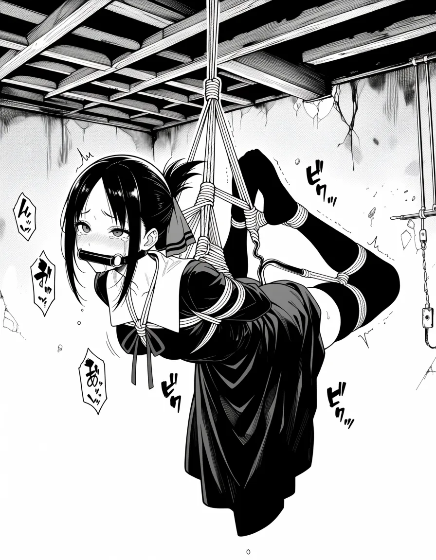 masterpiece, best quality, score_7, newest, manga, monochrome, greyscale, 1girl, gagged, abandoned basement, anal hook, suspension, shibari, bondage, no_shoes, moaning, sound_effects, tears, official_style, shinomiya kaguya,, (monochrome:1.7), (greyscale:1.7), screentone, halftone dots, ink hatching, bold black spotting, white background