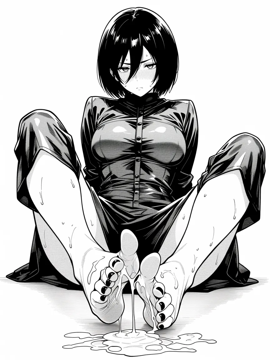 masterpiece, best quality, score_7, newest, manga, monochrome, greyscale, 1girl, mikasa ackerman barefoot futanari penis foot_focus cum black_nails wet wet_clothes, (monochrome:1.7), (greyscale:1.7), screentone, halftone dots, ink hatching, bold black spotting, white background