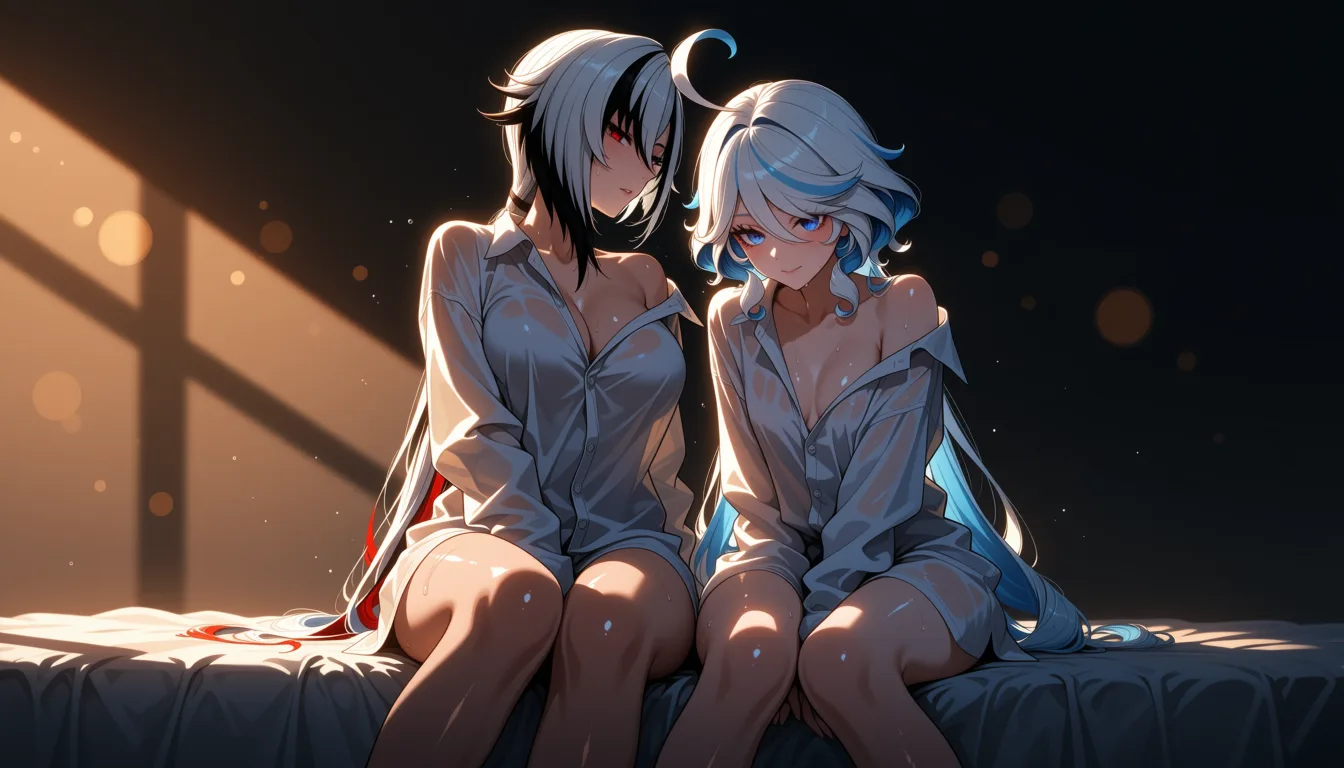masterpiece, best quality, score_7, newest, highres, absurdres, anime coloring, 2girls, silver hair, red eyes, oversized shirt, sitting on the end of the bed, morning light, furina (genshin impact), arlecchino (genshin impact), glossy shiny skin, wet highlights, (dim warm lighting:1.2), dramatic rim light, deep shadows, dark bokeh background, sensual mood