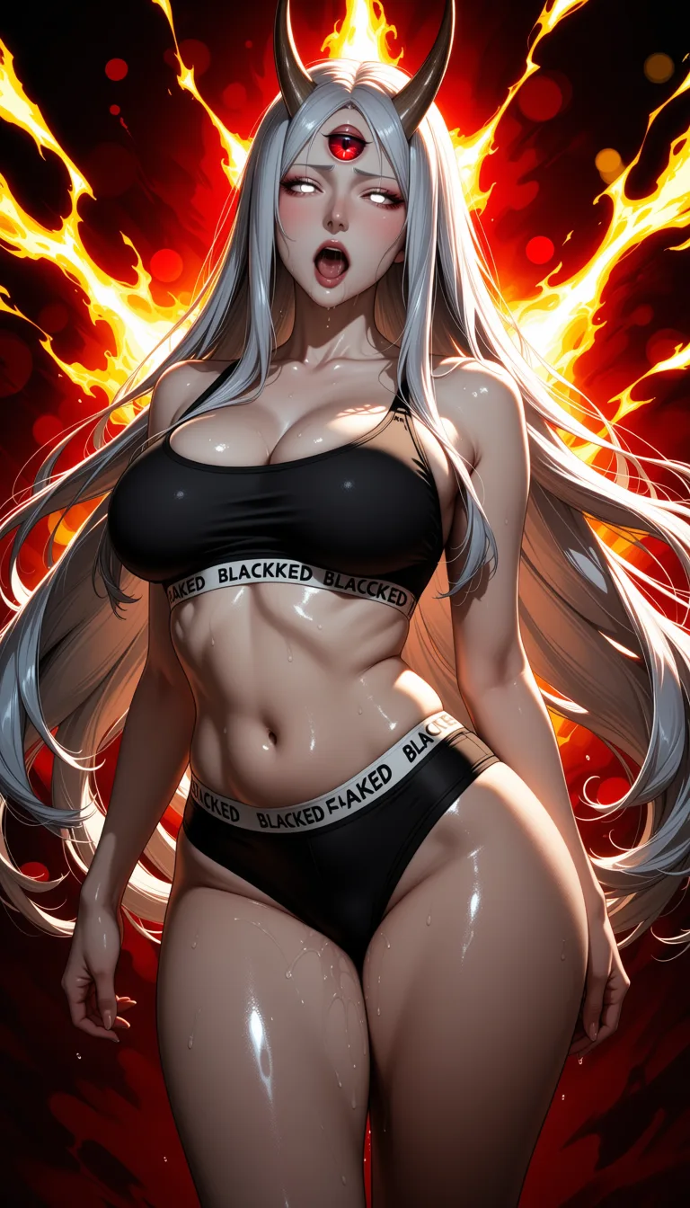 masterpiece, best quality, score_7, newest, highres, absurdres, anime coloring, three or more adults, Kaguya Otsutsuki, long flowing silver-white hair, two curved brown horns, red third eye on forehead, pale skin, white eyes, mature milf body, soft natural curves, full breasts, wide hips, thick thighs, soft belly, wearing plain black underwear several sizes too small, tight black bra digging into soft breasts, extremely tight black panties stretched tight over wide hips, the word "BLACKED" written in bold white letters on the panties, having sex, penetrative sex, aroused expression, mouth open, dramatic red and yellow glowing energy background, highly detailed face and body, realistic skin texture, explicit, painterly digital art, glossy shiny skin, wet highlights, dim warm lighting, dramatic rim light, deep shadows, dark bokeh background, sensual mood