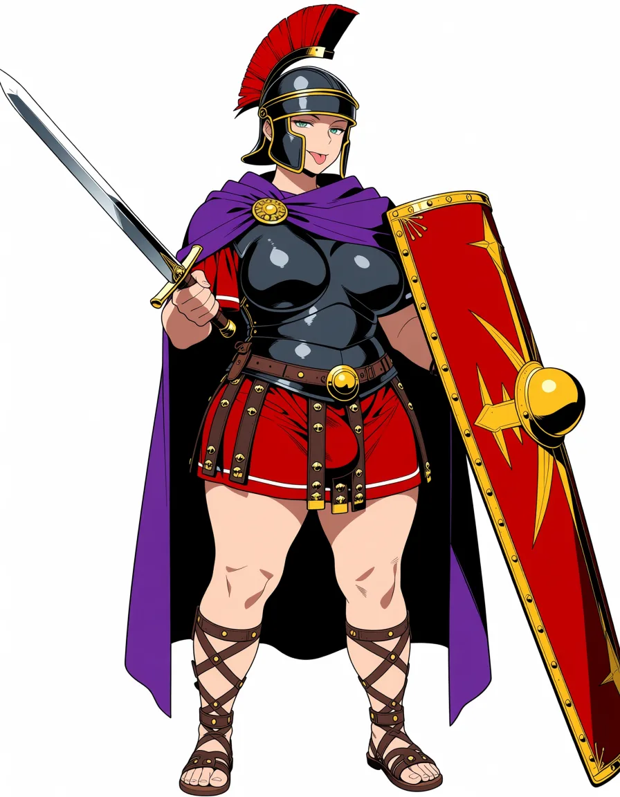 masterpiece, best quality, score_7, newest, anime screenshot, official art, tall dark_skin futanari plump wide_hips licking_lips praetorian guard black metal roman armor segmentata, roman black metal helmet, purple cloak, roman skirt, roman sandals, bulge, gladius roman sword, roman legionary shield, praetorian guard legionary armor, (flat color:1.3), hard cel shading, thin crisp lineart, high key daylight, vivid primary palette, bright clean background
