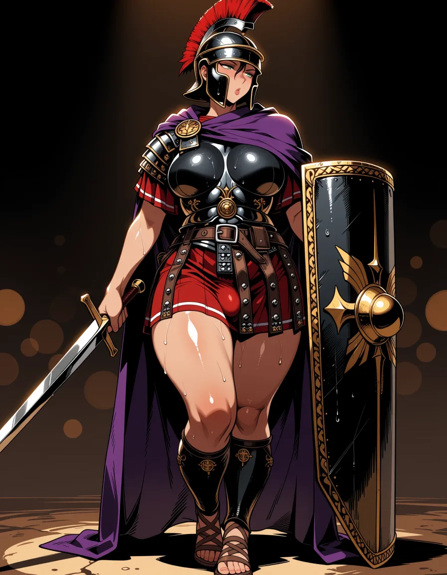 masterpiece, best quality, score_7, newest, highres, absurdres, anime coloring, tall dark_skin futanari plump wide_hips licking_lips praetorian guard black metal roman armor segmentata, roman black metal helmet, purple cloak, roman skirt, roman sandals, bulge, gladius roman sword, roman legionary shield,, glossy shiny skin, wet highlights, (dim warm lighting:1.2), dramatic rim light, deep shadows, dark bokeh background, sensual mood
