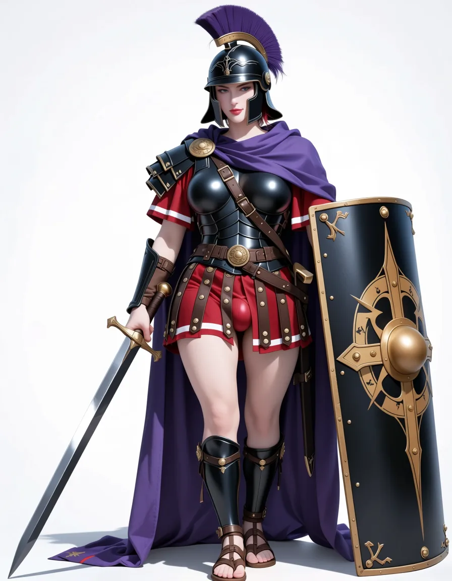 masterpiece, best quality, score_7, newest, anime screenshot, official art, tall dark_skin futanari plump wide_hips licking_lips praetorian guard black metal roman armor segmentata, roman black metal helmet, purple cloak, roman leather skirt, roman sandals, bulge, gladius roman sword, roman legionary shield,, (flat color:1.3), hard cel shading, thin crisp lineart, high key daylight, vivid primary palette, bright clean background