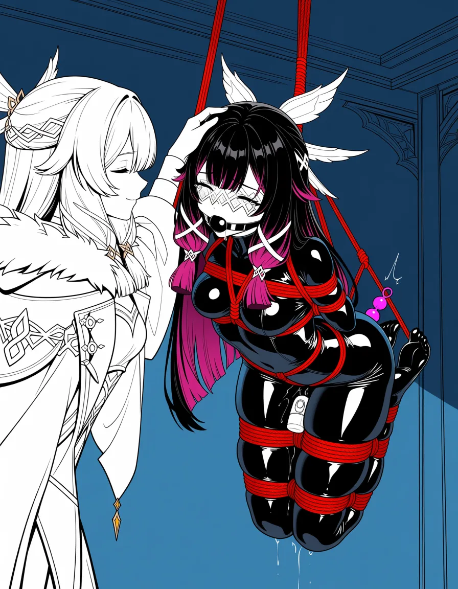 masterpiece, best quality, score_7, newest, anime screenshot, official art, 1girl, columbina (genshin impact), closed_eyes, latex skinsuit, no_shoes, bondage, shibari, gagged, suspension, basement, indoors, anal beads in ass, vibrator, moaning, tears. Sandrone (genshin impact), smiling at another, stroking columbina's head,, (flat color:1.3), hard cel shading, thin crisp lineart, high key daylight, vivid primary palette, bright clean background