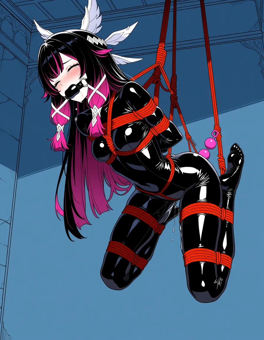 masterpiece, best quality, score_7, newest, anime screenshot, official art, 1girl, columbina (genshin impact), closed_eyes, latex skinsuit, no_shoes, bondage, shibari, gagged, suspension, basement, indoors, anal beads in ass, vibrator, moaning, tears, Columbia saying "Sandrone! Where are you?", (flat color:1.3), hard cel shading, thin crisp lineart, high key daylight, vivid primary palette, bright clean background