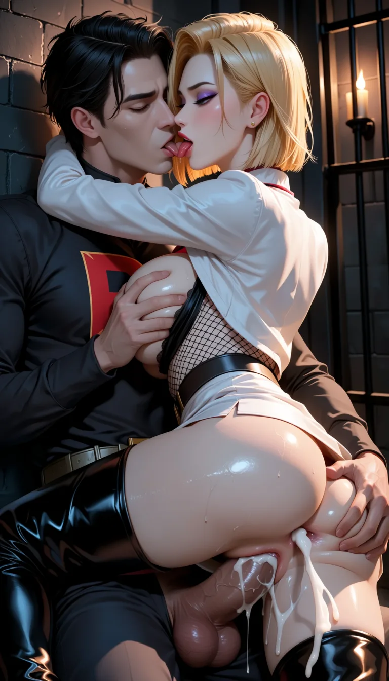 masterpiece, best quality, score_7, newest, highres, absurdres, anime coloring, 1boy, 1girl, android 18 bright lighting fishnet white team rocket uniform purple eyeshadow anal sex_from_behind fucked by Batman lying on side dutch_angle cum in ass thigh high boots molestation grabbing_from_behind in jail cell moaning orgasm breasts_out team rocket uniform grabbing both breasts upskirt spread ass kissing passionately 9, glossy shiny skin, wet highlights, (dim warm lighting:1.2), dramatic rim light, deep shadows, dark bokeh background, sensual mood