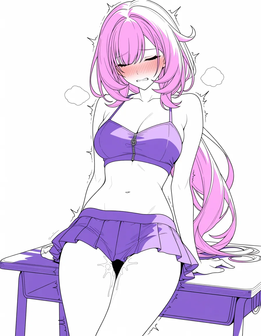 masterpiece, best quality, score_7, newest, anime screenshot, official art, 1girl, Gentle, fair, slender thighs, ultra-short pleated skirt, vibrating balls, flushed cheeks, panting softly, fingering her, sitting on the table, elysia (honkai impact), (flat color:1.3), hard cel shading, thin crisp lineart, high key daylight, vivid primary palette, bright clean background