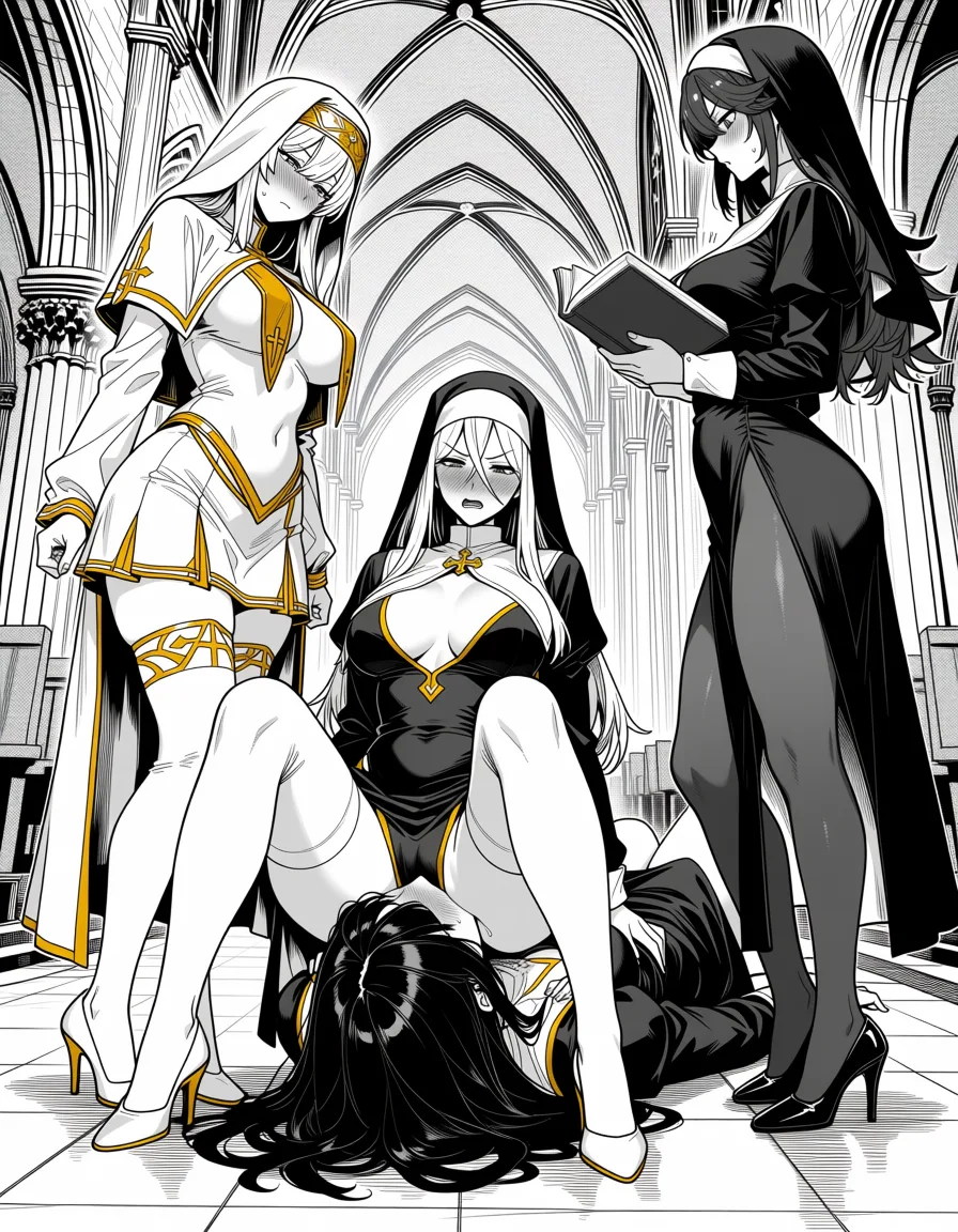 masterpiece, best quality, score_7, newest, manga, monochrome, greyscale, hentai, 3girls, adult women, mature faces, gothic cathedral interior,blonde nun Celia in white and gold open nun outfit, short skirt, white stockings, white high heels, sitting on the face of a dark-haired woman, legs spread, flushed, looking down,dark-haired woman Agnes in revealing dark outfit, high heels, lying on her back, face under Celia, licking her,dark-haired nun Formi in black and gold open nun outfit with cloak, black stockings, black high heels, standing to the side reading a book, angry expression,only three characters, clear composition, blush, high detail, digital anime style, (monochrome:1.7), (greyscale:1.7), screentone, halftone dots, ink hatching, bold black spotting, white background