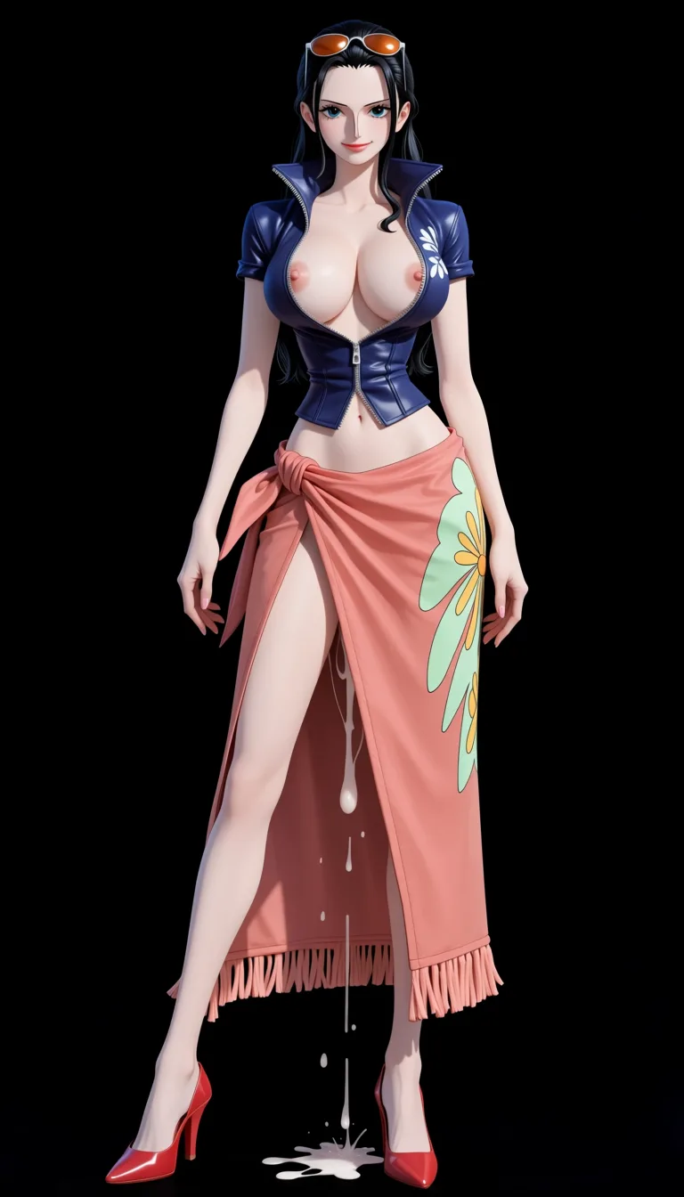 masterpiece, best quality, score_7, newest, anime screenshot, official art, 1girl, nico robin, One Piece style, full_body, beautiful smile, standing, sexy pose, front view, (black background:1.5), a long coral-pink/salmon wrap skirt or sarong tied around her waist with a decorative green and yellow floral patterns along one side and a fringed/tassel-like hem and a massive front slit revealing her naked pussy, a fitted dark-blue short-sleeved jacket completely open with a high collar and the sleeves slightly rolled at the edges, naked breasts and nipples exposed, pussy exposed, orange tinted sunglasses on top of head, Red-coral high-heeled pumps with pointed toes, massive amount of sperm dripping from pussy, (flat color:1.3), hard cel shading, thin crisp lineart, high key daylight, vivid primary palette, bright clean background