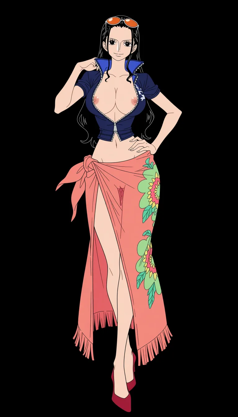 masterpiece, best quality, score_7, newest, anime screenshot, official art, Nico Robin, One Piece style, full_body in frame, beautiful smile, standing, sexy pose, front view, (black background:1.5), a long coral-pink/salmon wrap skirt or sarong tied around her waist with a decorative green and yellow floral patterns along one side and a fringed/tassel-like hem and a massive front slit revealing her naked pussy, a fitted dark-blue short-sleeved jacket completely open with a high collar and the sleeves slightly rolled at the edges, naked breasts and nipples exposed, naked pussy exposed through slit, orange tinted sunglasses on top of head, Red-coral high-heeled pumps with pointed toes, massive amount of sperm dripping from pussy, (flat color:1.3), hard cel shading, thin crisp lineart, high key daylight, vivid primary palette, bright clean background