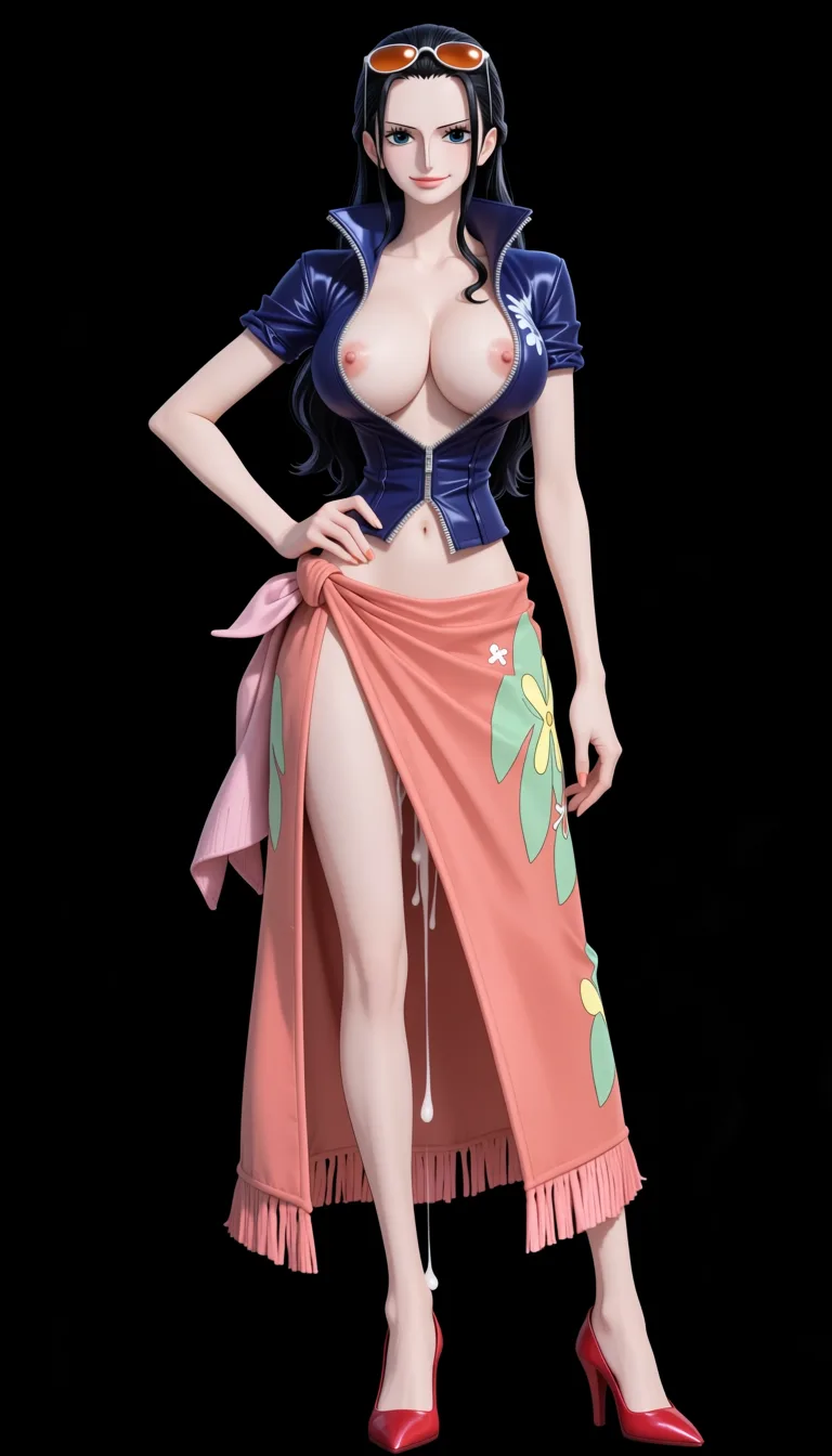 masterpiece, best quality, score_7, newest, anime screenshot, official art, Nico Robin, (One Piece style:1.5), full_body in frame, beautiful smile, standing, sexy pose, front view, (black background:1.5), a long coral-pink/salmon wrap skirt or sarong tied around her waist with a decorative green and yellow floral patterns along one side and a fringed/tassel-like hem and a massive front slit exposing her naked pussy dripping with sperm, a fitted dark-blue short-sleeved jacket completely open with a high collar and the sleeves slightly rolled at the edges, naked breasts and nipples fully out and exposed, naked pussy exposed through wrap skirt slit, orange tinted sunglasses on top of head, Red-coral high-heeled pumps with pointed toes, massive amount of sperm dripping from pussy, (flat color:1.3), hard cel shading, thin crisp lineart, high key daylight, vivid primary palette, bright clean background