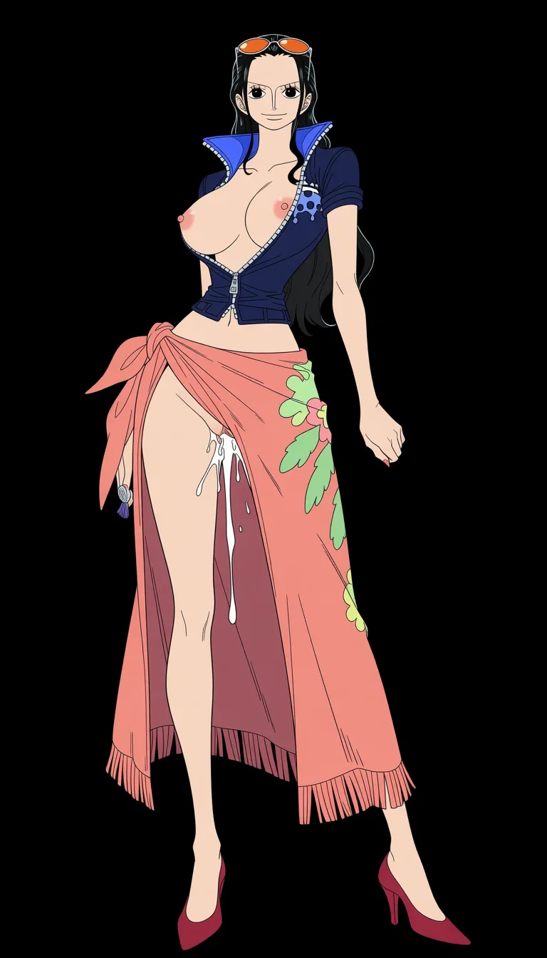 masterpiece, best quality, score_7, newest, anime screenshot, official art, Nico Robin, (One Piece style:1.7), full_body in frame, beautiful smile, standing, sexy pose, front view, (black background:1.7), a long coral-pink/salmon wrap skirt or sarong tied around her waist with a decorative green and yellow floral patterns along one side and a fringed/tassel-like hem, the edge of the wrap skirt opening is turned up and held in place by a small pin to fully expose her naked pussy dripping with sperm, a fitted dark-blue short-sleeved jacket with a high collar and the sleeves slightly rolled at the edges fully letting the breasts out, naked breasts and nipples fully out of jacket, naked pussy exposed through front opening, orange tinted sunglasses on top of head, Red-coral high-heeled pumps with pointed toes, massive amount of sperm dripping from pussy, (flat color:1.3), hard cel shading, thin crisp lineart, high key daylight, vivid primary palette, bright clean background