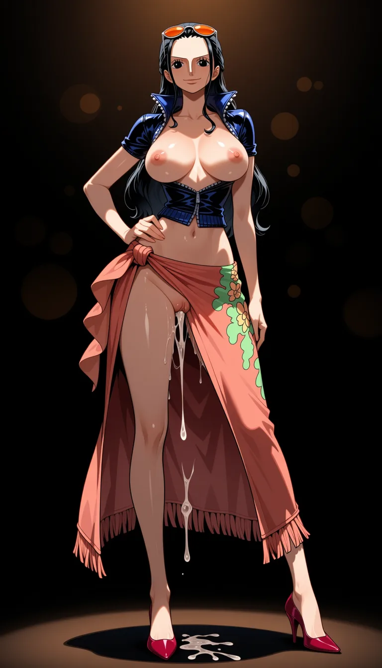 masterpiece, best quality, score_7, newest, highres, absurdres, anime coloring, Nico Robin, (One Piece style:1.7), full_body in frame, beautiful smile, standing, sexy pose, front view, light lighting, (black background:1.7), a long coral-pink/salmon wrap skirt or sarong tied around her waist with a decorative green and yellow floral patterns along one side and a fringed/tassel-like hem, the edge of the wrap skirt opening is turned up and held in place by a small pin to fully expose her naked pussy dripping with sperm, a fitted dark-blue short-sleeved jacket with a high collar and the sleeves slightly rolled at the edges fully letting the breasts out, naked breasts and nipples fully out of jacket, naked pussy exposed through front opening, orange tinted sunglasses on top of head, Red-coral high-heeled pumps with pointed toes, massive amount of sperm dripping from pussy, glossy shiny skin, wet highlights, (dim warm lighting:1.2), dramatic rim light, deep shadows, dark bokeh background, sensual mood