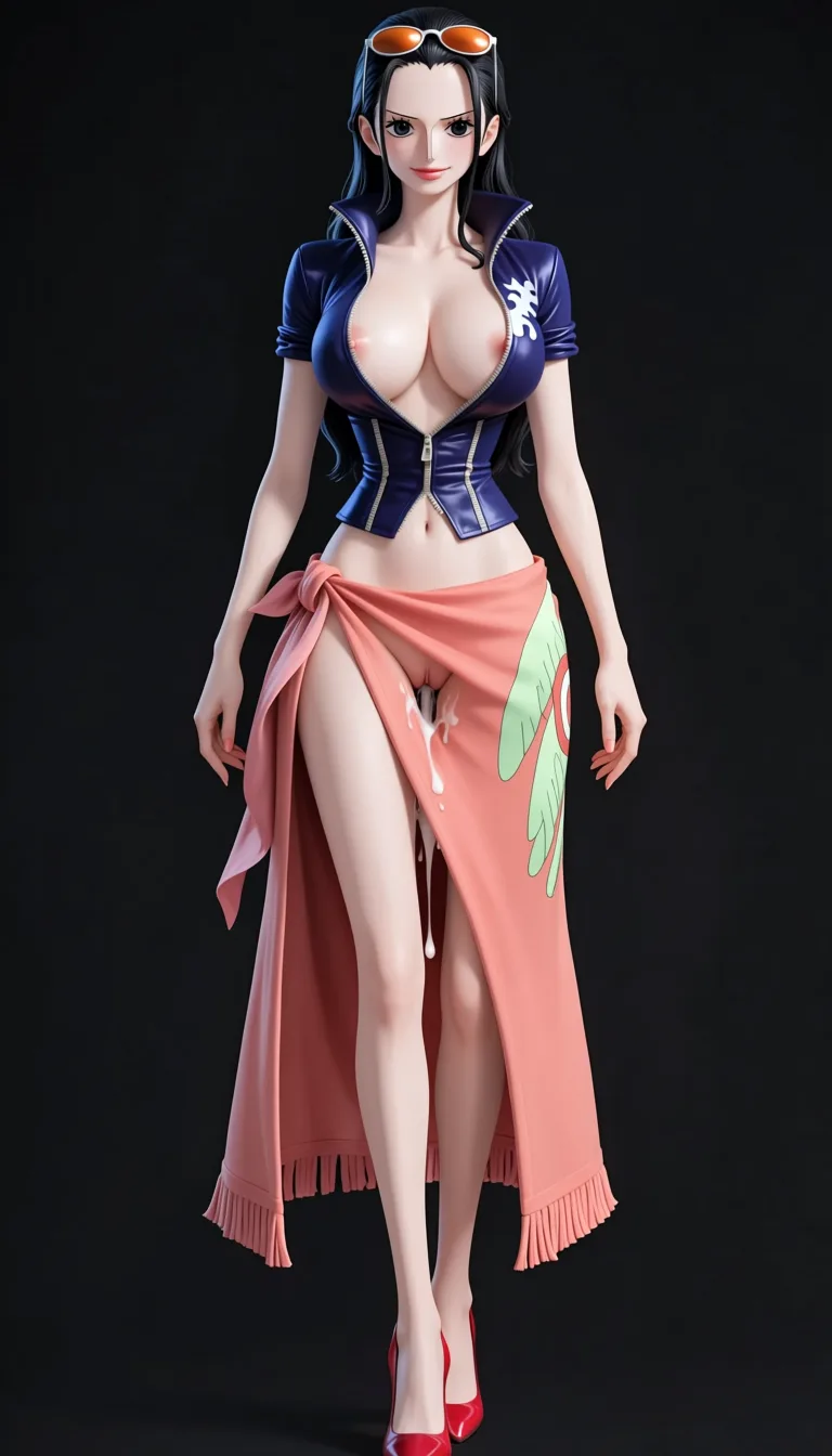 masterpiece, best quality, score_7, newest, anime screenshot, official art, Nico Robin, (One Piece style:1.7), full body in frame, beautiful smile, standing, sexy pose, front view, soft lighting, (black background:1.7), a long coral-pink/salmon wrap skirt or sarong tied around her waist with the opening right on the front and a fringed/tassel-like hem, the middle of the wrap skirt is tuned and held up by a small pin to fully expose her naked pussy dripping with sperm, a fitted dark-blue short-sleeved jacket with a high collar and the sleeves slightly rolled at the edges fully letting the breasts out, naked breasts and nipples fully out of jacket, naked pussy exposed through front opening, orange tinted sunglasses on top of head, Red-coral high-heeled pumps with pointed toes, massive amount of sperm dripping from pussy, (flat color:1.3), hard cel shading, thin crisp lineart, high key daylight, vivid primary palette, bright clean background