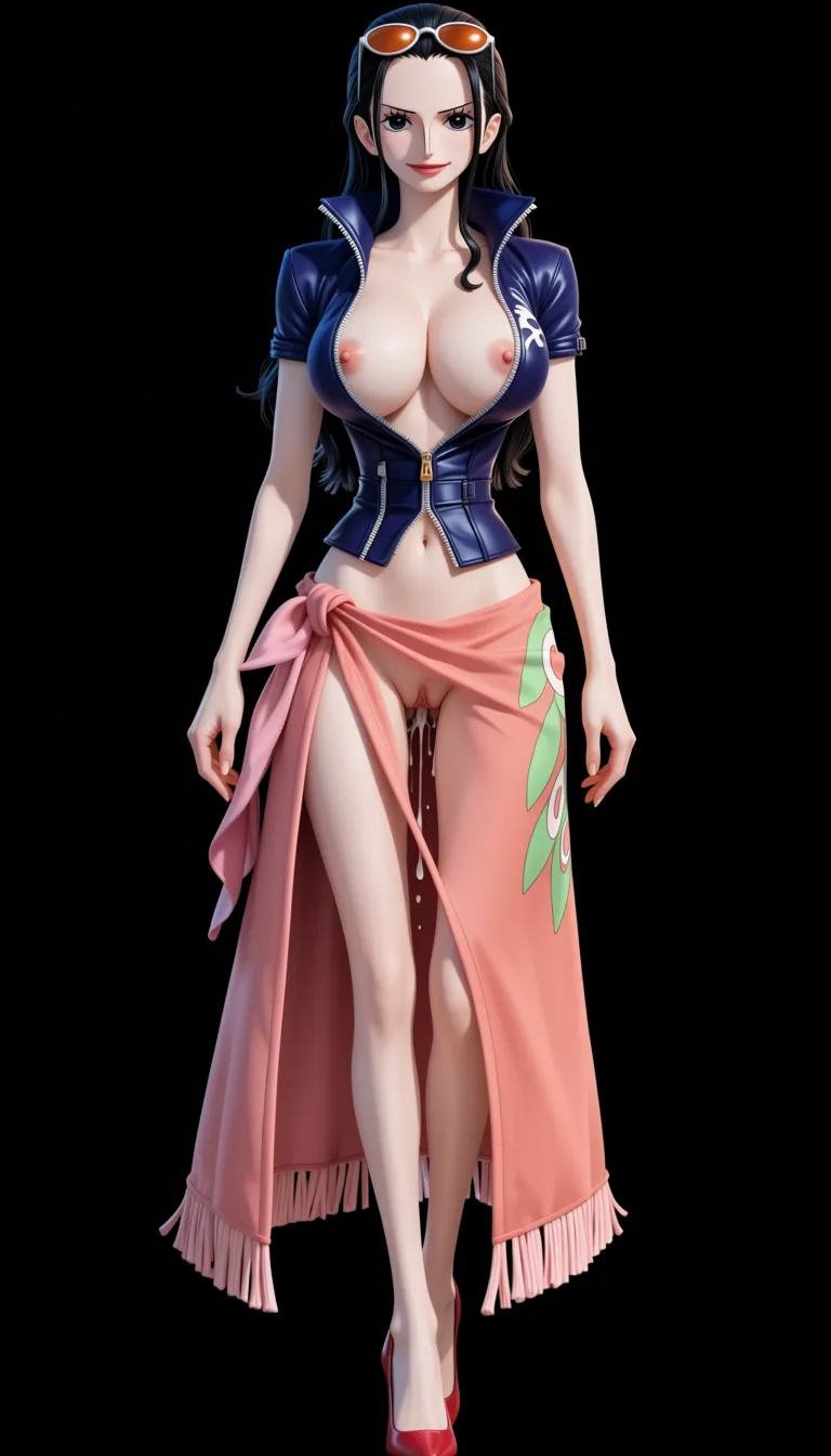 masterpiece, best quality, score_7, newest, anime screenshot, official art, Nico Robin, (One Piece style:1.7), full body in frame, beautiful smile, standing, sexy pose, front view, soft lighting, (black background:1.7), a long coral-pink/salmon wrap skirt or sarong tied around her waist and a fringed/tassel-like hem while the opening is hooked upwards with a pin to reveal her full crotch and her naked pussy dripping with sperm, a fitted dark-blue short-sleeved jacket with a high collar and the sleeves slightly rolled at the edges while the chest is completely open, (naked breasts and nipples fully out of jacket and fully exposed:1.7), naked pussy exposed through front opening, orange tinted sunglasses on top of head, Red-coral high-heeled pumps with pointed toes, massive amount of sperm dripping from pussy, (flat color:1.3), hard cel shading, thin crisp lineart, high key daylight, vivid primary palette, bright clean background