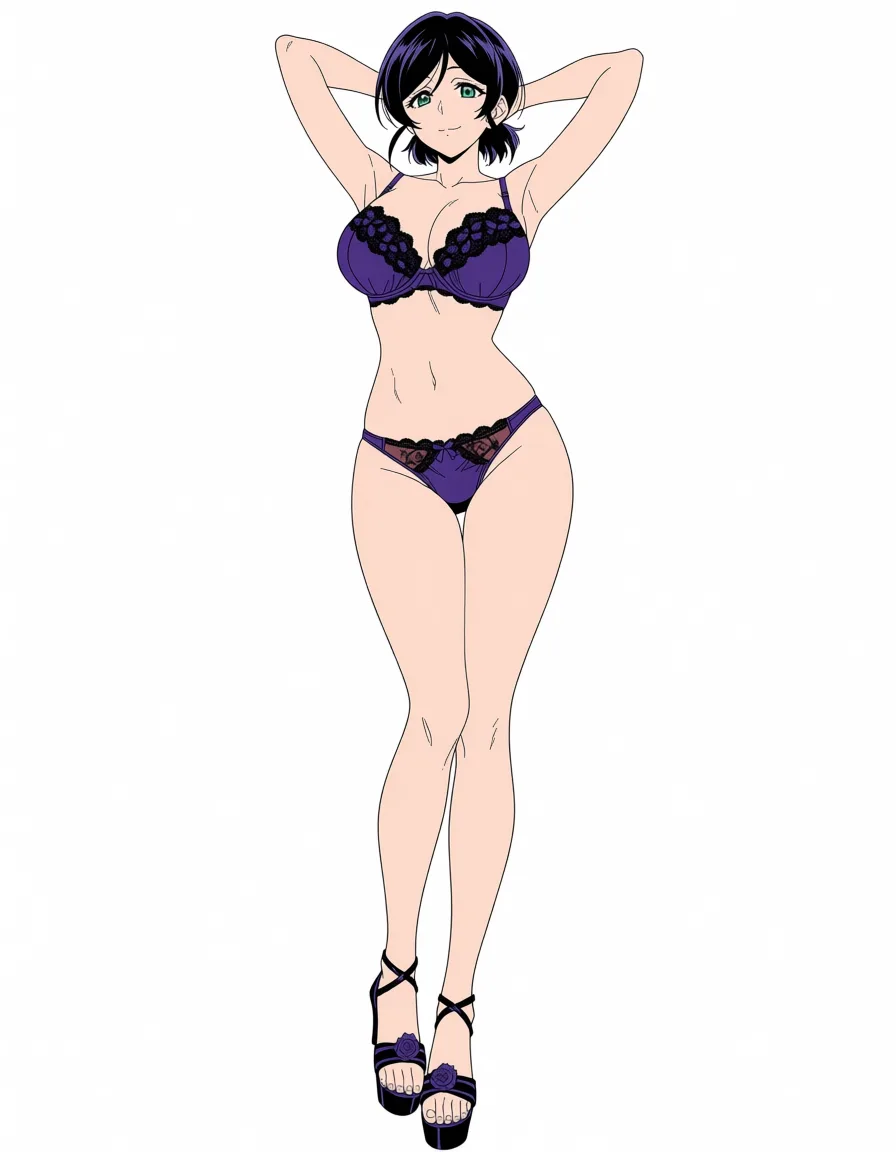 masterpiece, best quality, score_7, newest, anime screenshot, official art, 1girl, tojo nozomi wearing open bra lingerie and high heel sandals with arms behind head, (flat color:1.3), hard cel shading, thin crisp lineart, high key daylight, vivid primary palette, bright clean background