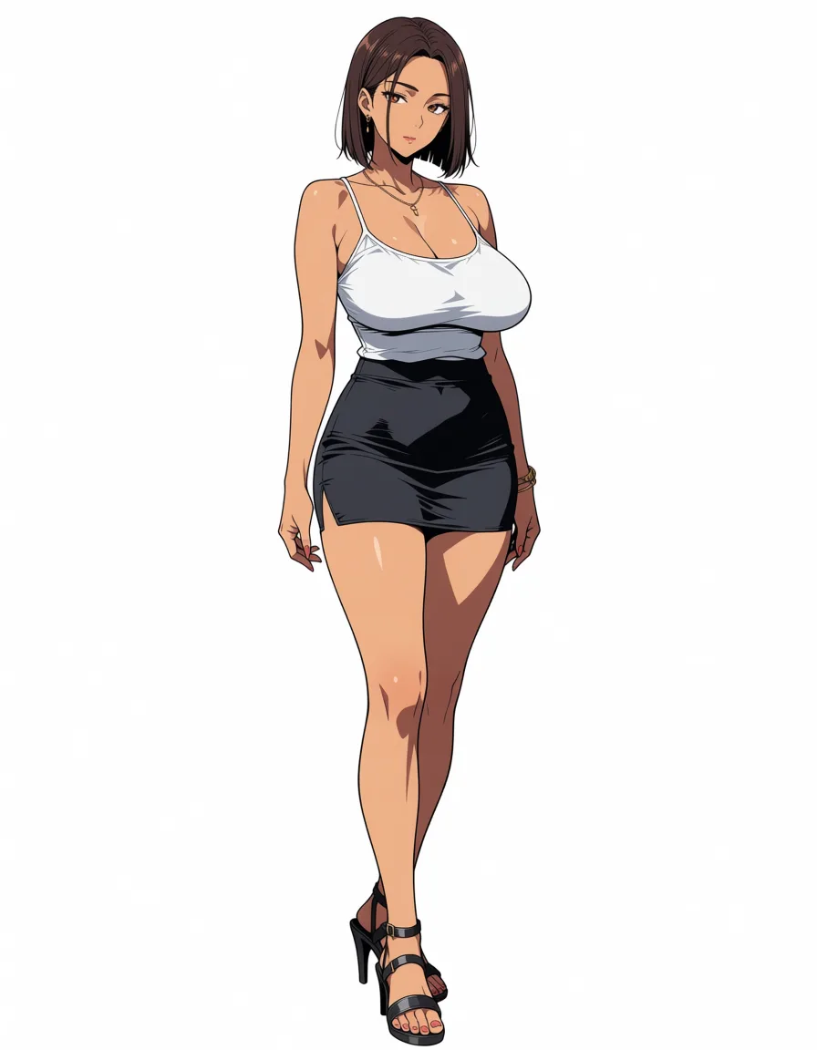 masterpiece, best quality, score_7, newest, anime screenshot, official art, Milf housewife with sagging breasts wearing tank top and a skirt and high heel sandals, (flat color:1.3), hard cel shading, thin crisp lineart, high key daylight, vivid primary palette, bright clean background