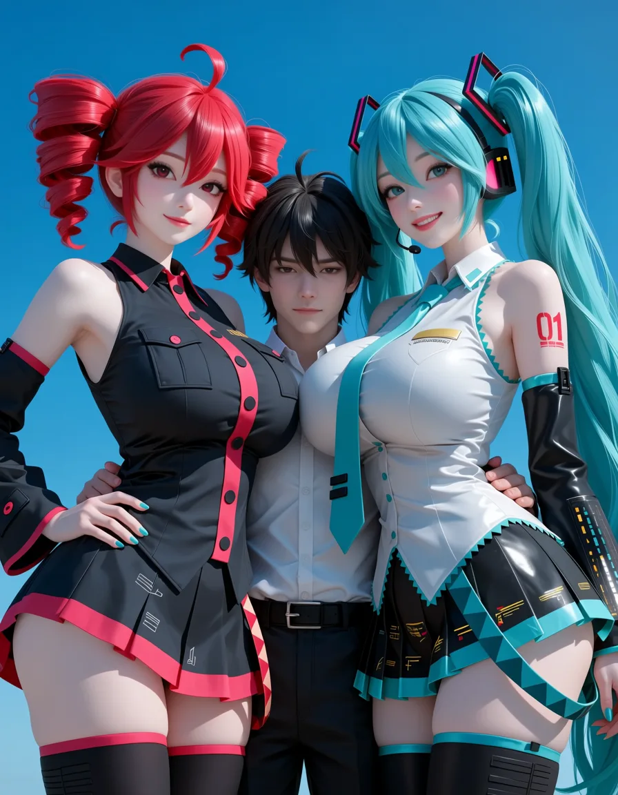 masterpiece, best quality, score_7, newest, anime screenshot, official art, 1boy, 2girls , massive breasts, huge ass, thick thighs hatsune miku kasane teto, (flat color:1.3), hard cel shading, thin crisp lineart, high key daylight, vivid primary palette, bright clean background