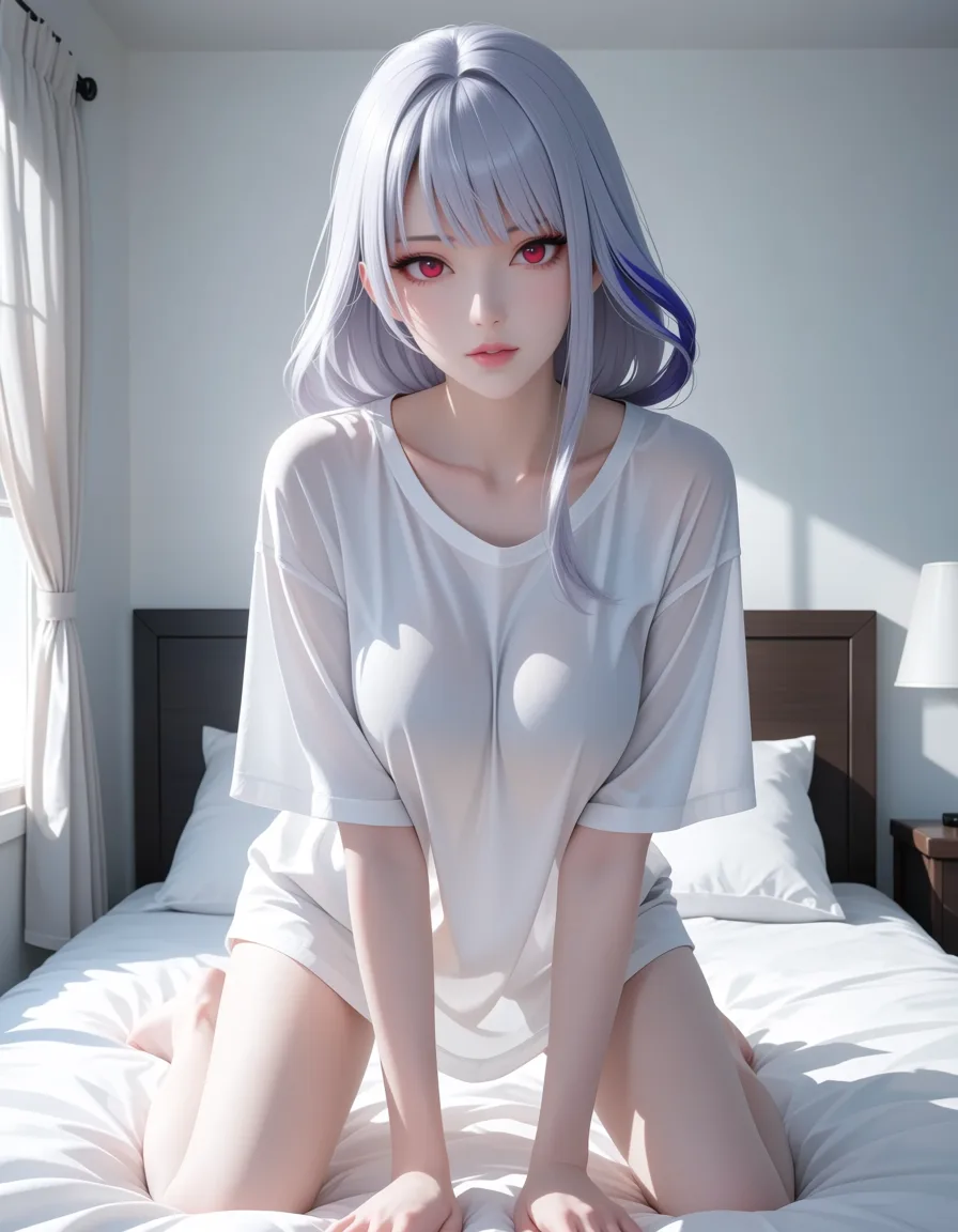 masterpiece, best quality, score_7, newest, anime screenshot, official art, 1girl, silver hair, red eyes, oversized shirt, sitting on the end of the bed, morning light, raiden shogun bent_over, (flat color:1.3), hard cel shading, thin crisp lineart, high key daylight, vivid primary palette, bright clean background