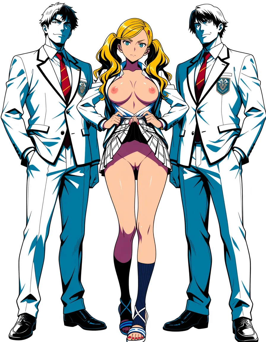 masterpiece, best quality, score_7, newest, anime screenshot, official art, 1girl, takamaki anne wearing sakuragaoka_high_school_uniform with exposed breasts and pussy with leg_warmers and high heel sandals, standing next to two tall men,, (flat color:1.3), hard cel shading, thin crisp lineart, high key daylight, vivid primary palette, bright clean background