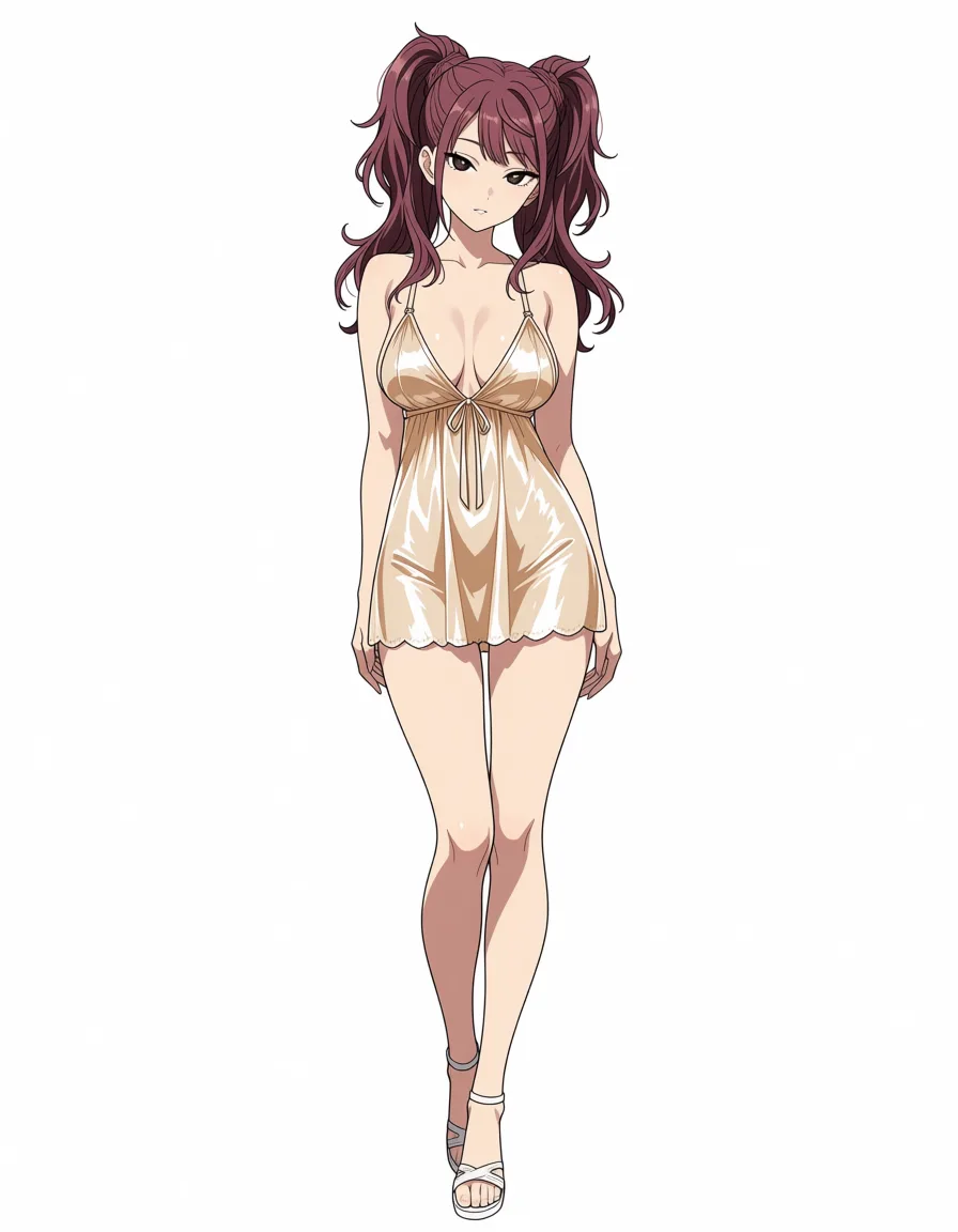 masterpiece, best quality, score_7, newest, anime screenshot, official art, 1girl, kujikawa rise wearing silk nightgown and white high heel sandals, sagging breasts,, (flat color:1.3), hard cel shading, thin crisp lineart, high key daylight, vivid primary palette, bright clean background