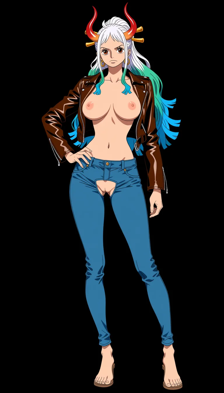 masterpiece, best quality, score_7, newest, anime screenshot, official art, Yamato from One piece, (One Piece style:1.5), full body in frame, standing, black background, crotchless jeans, naked pussy fully visible through crotch cutout, completely open cropped brown leather jacket with long sleeves, naked breasts fully visible and out of open jacket,, (flat color:1.3), hard cel shading, thin crisp lineart, high key daylight, vivid primary palette, bright clean background