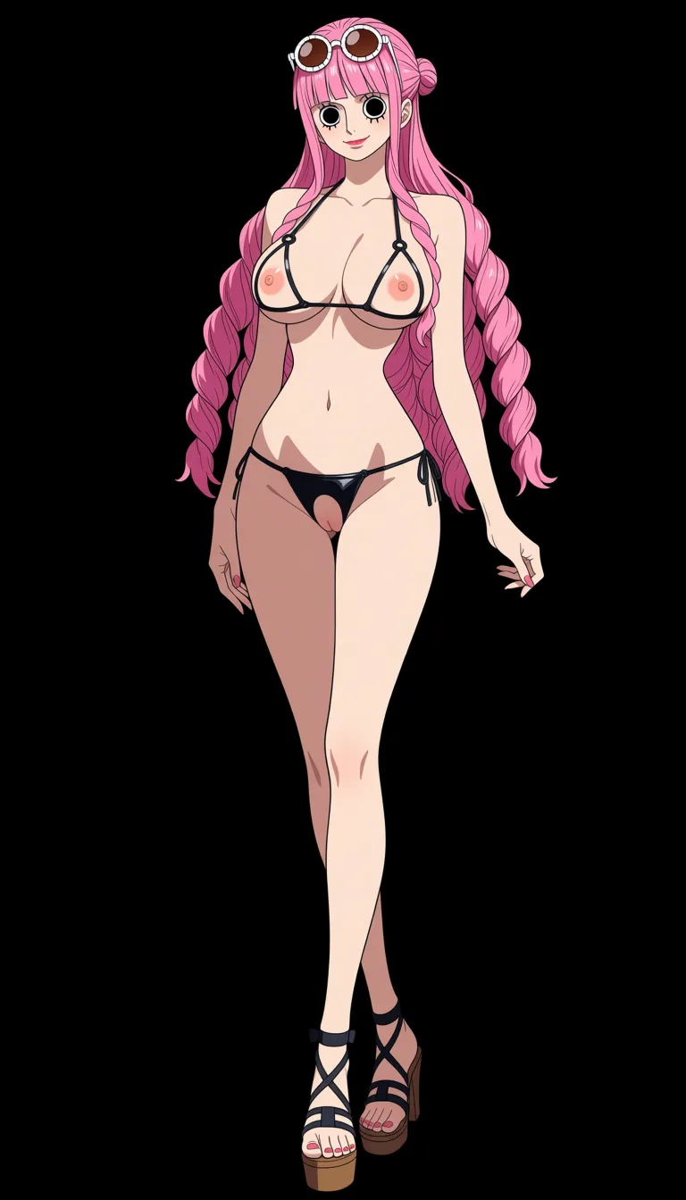 masterpiece, best quality, score_7, newest, anime screenshot, official art, Perona from One Piece, (One Piece style:1.5), full body in frame, standing, gentle smile, sexy pose, (black background:1.5), fully naked, black cupless bikini top with only strings, naked breasts and nipples fully visible through cup cutout, black crotchless bikini bottom, naked pussy fully visible through crotch cutout, high heel sandals, sunglasses on forehead,, (flat color:1.3), hard cel shading, thin crisp lineart, high key daylight, vivid primary palette, bright clean background