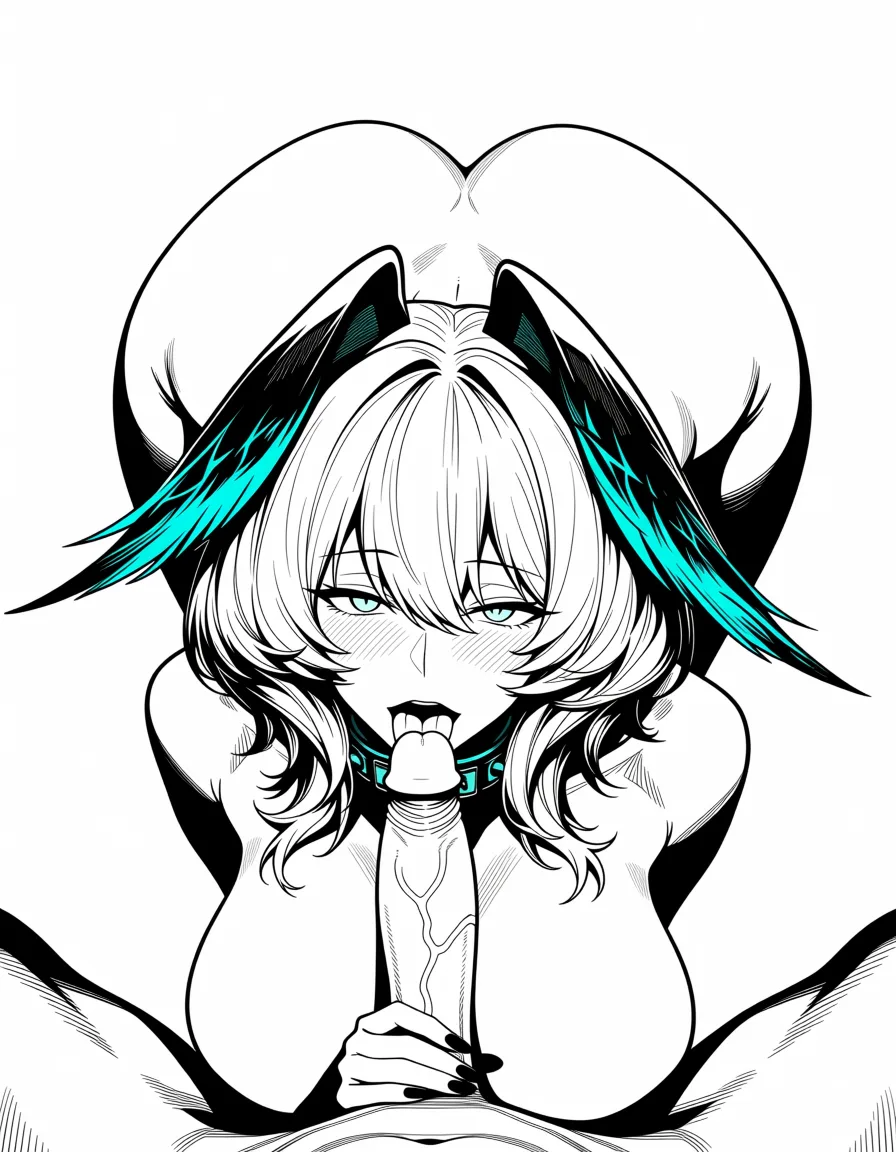 masterpiece, best quality, score_7, newest, anime screenshot, official art, 1girl, Very large breasts, large ass, naked, ho'olheyak (arknights), no tail, tongue_out, , collar, full_body, fellatio, pov, (flat color:1.3), hard cel shading, thin crisp lineart, high key daylight, vivid primary palette, bright clean background