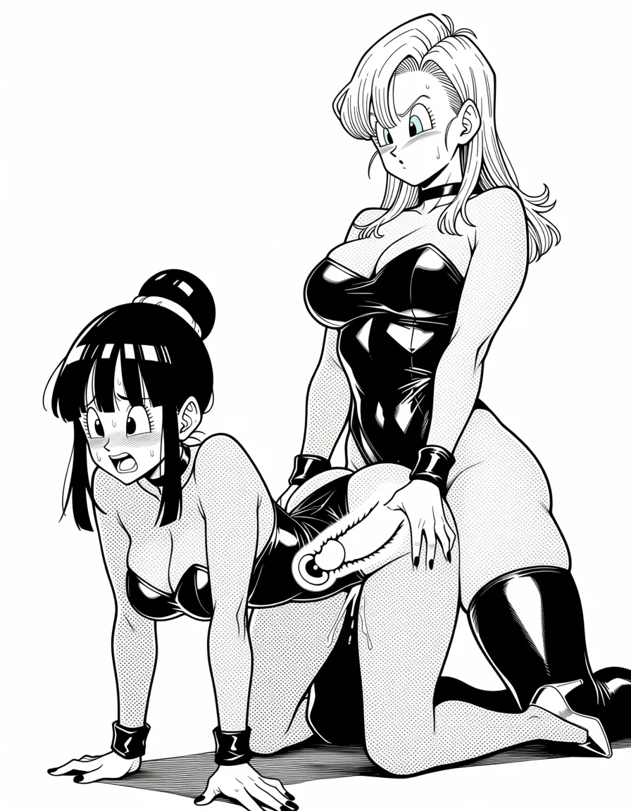 masterpiece, best quality, score_7, newest, manga, monochrome, greyscale, 2girls, lesbian strap on sex doggystyle, bulma chi-chi (dragon ball) x-ray, (monochrome:1.7), (greyscale:1.7), screentone, halftone dots, ink hatching, bold black spotting, white background