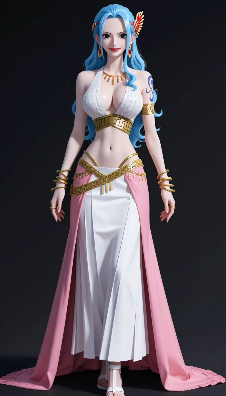 masterpiece, best quality, score_7, newest, anime screenshot, official art, Vivi Nefertari, One Piece style, (full body in frame:1.5), beautiful smile, gentle soft expression, standing, sexy pose, front view, (black background:1.8), long legs, small ornate red-and-gold hair accessory on the right side, gold-and-red earrings, white pleated bodice with gold ornamental bands and crisscrossing gold belts around the waist, a large white skirt, pink over skirt with deep folds, multiple ornate gold bracelets and bangles on both wrists, several decorative rings, simple white open-toed sandals, (flat color:1.3), hard cel shading, thin crisp lineart, high key daylight, vivid primary palette, bright clean background