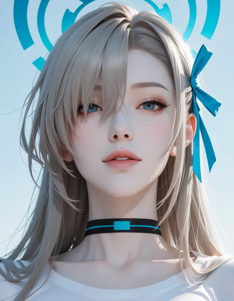 masterpiece, best quality, score_7, newest, anime screenshot, official art, RAW photo, ultra realistic, 1other, grey hair, shirt, facesitting, lifelike from_below behind, asuna (blue archive), (flat color:1.3), hard cel shading, thin crisp lineart, high key daylight, vivid primary palette, bright clean background