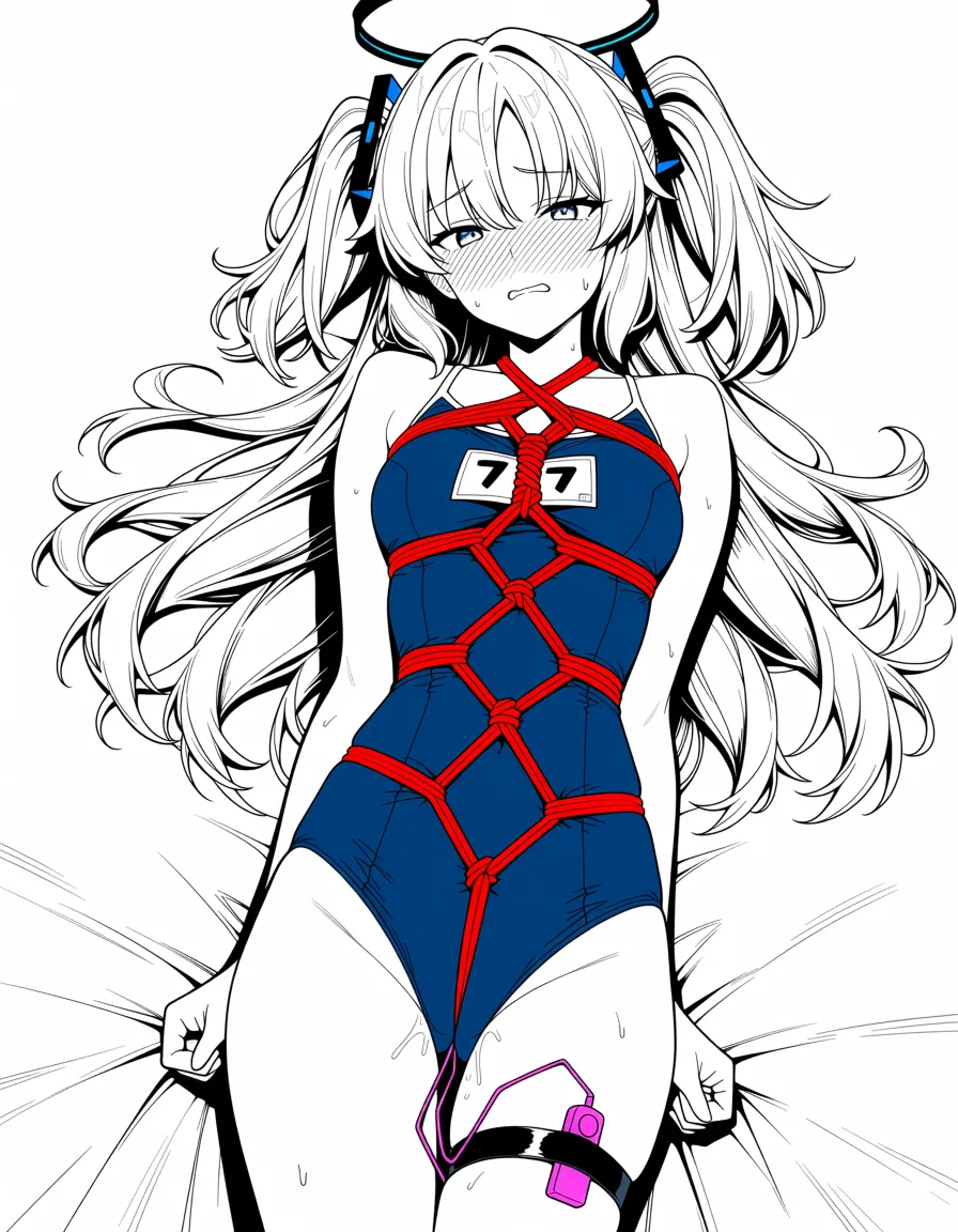 masterpiece, best quality, score_7, newest, anime screenshot, official art, 1girl, shibari, school_swimsuit, embarrassed, vibrator, on_bed
yuuka (blue archive), (flat color:1.3), hard cel shading, thin crisp lineart, high key daylight, vivid primary palette, bright clean background